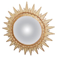 Rare Miroir en bois doré à étoiles en forme de soleil, fait en Italie, panneau en verre de scories 