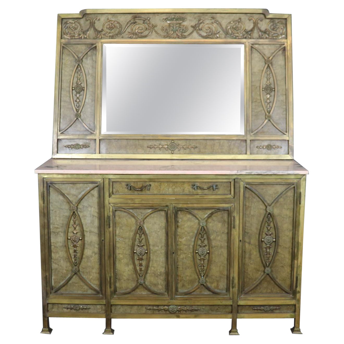 Außergewöhnliches französisches Directoire Sideboard mit Spiegel aus massiver Bronze und Marmorplatte im Angebot