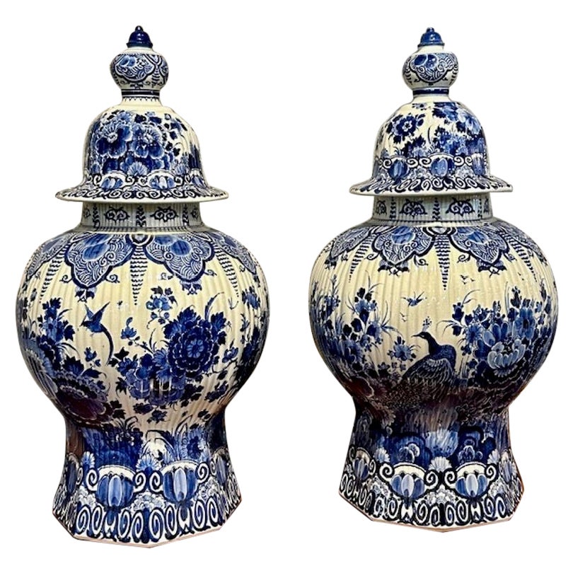 Antique Pair of Delft Blue Porcelain Lidded Vases For Sale