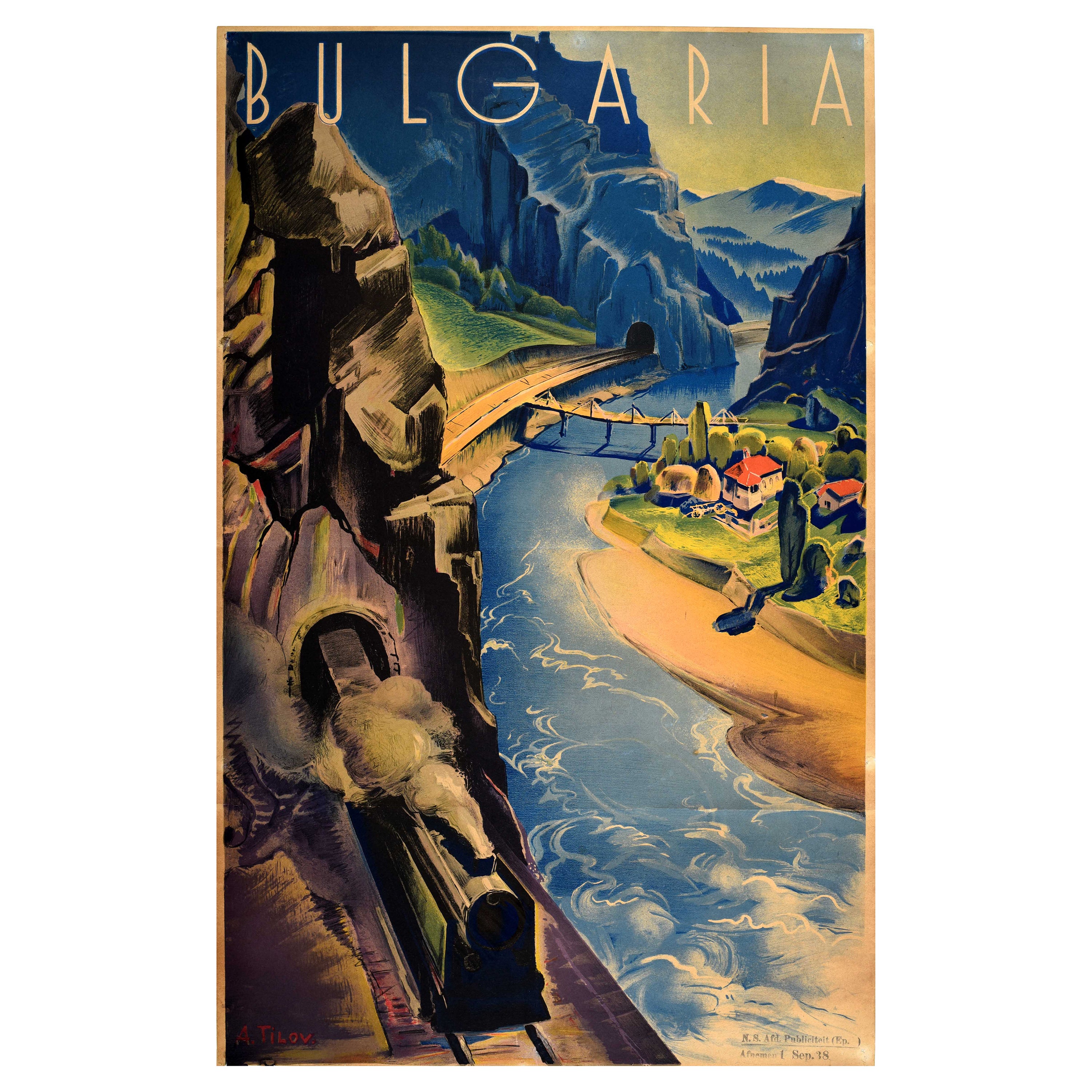 Original Vintage Travel Poster Bulgaria Balkans Angel Tilov Art Deco Bulgariya For Sale