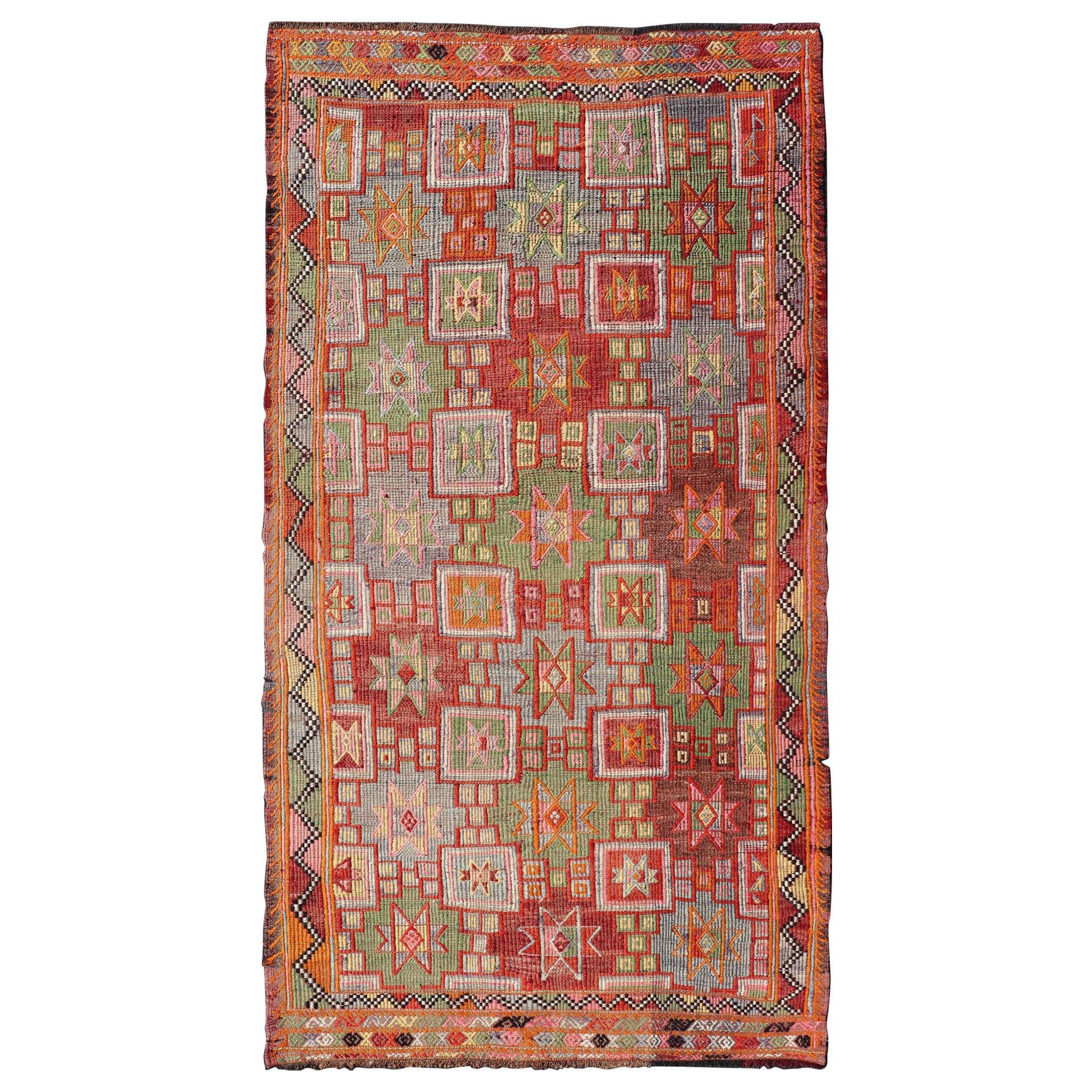 Tapis Kilim turc vintage avec motifs d'étoiles multicolores vibrants 5'5 x 10'6