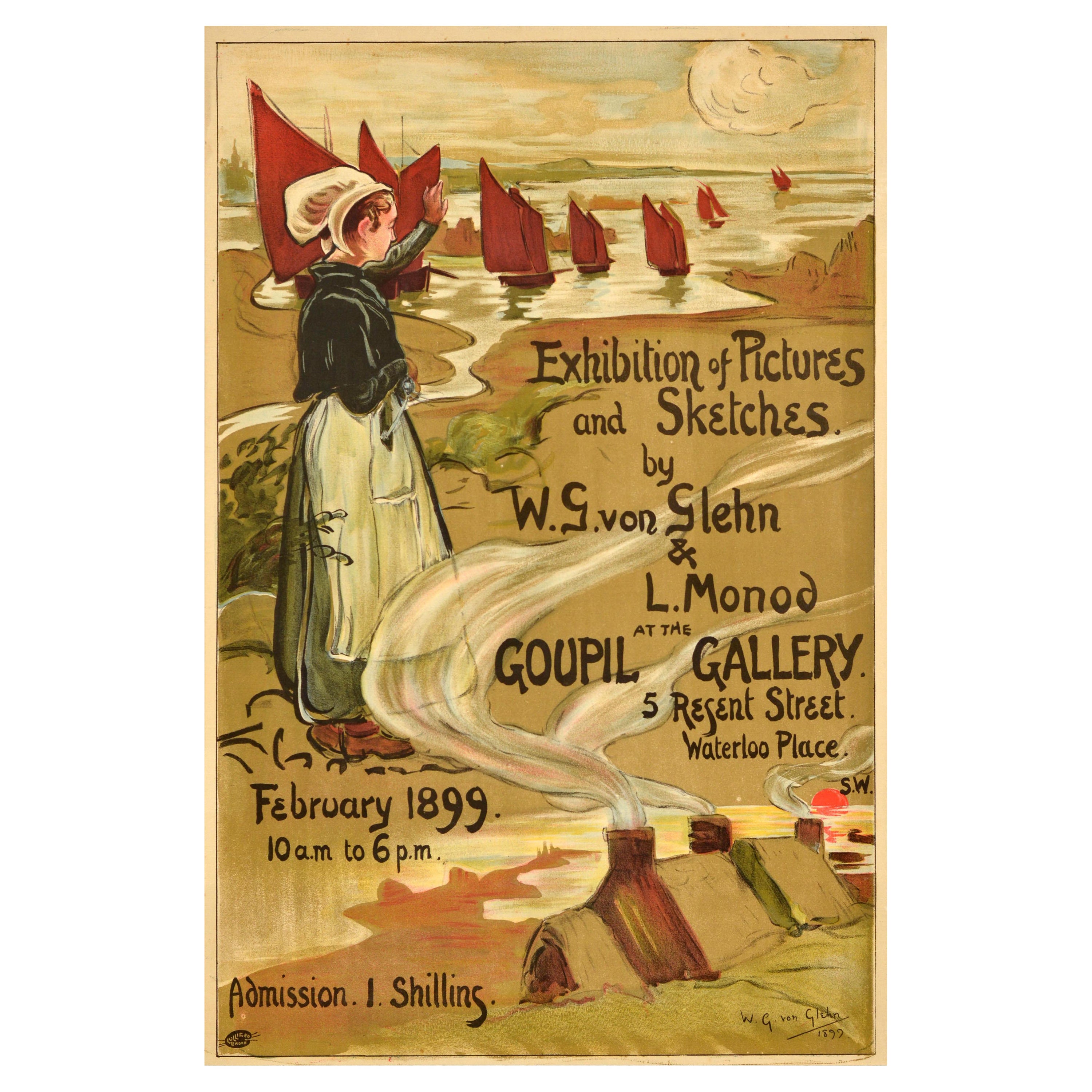 Original Antique Advertising Poster Wilfrid De Glehn Artwork Exhibition Goupil For Sale