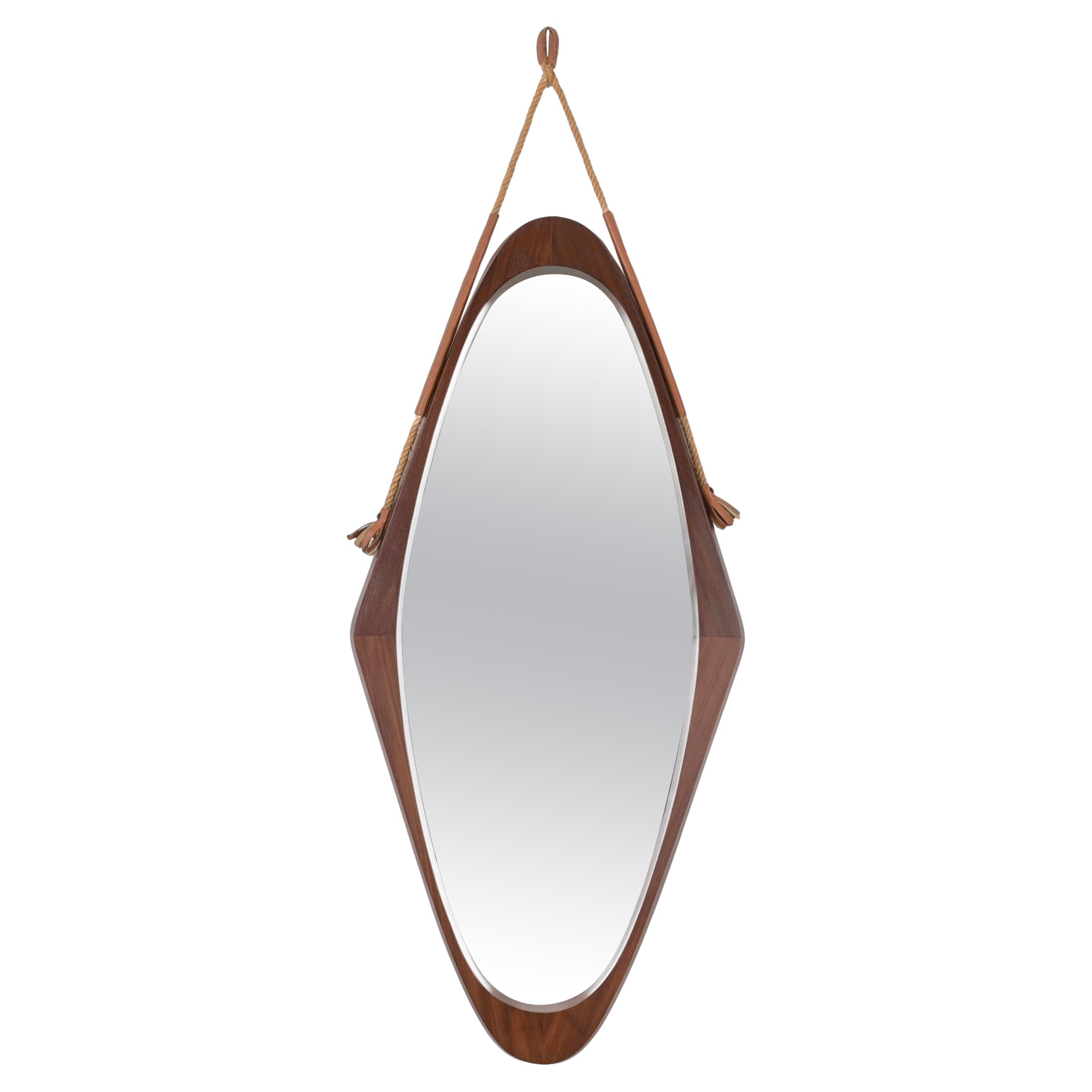 Midcentury Italian Oval "Shield" Mirror in Curved Teak, Rope and Leather, 1960s