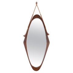 Vintage Midcentury Italian Oval "Shield" Mirror in Curved Teak, Rope and Leather, 1960s