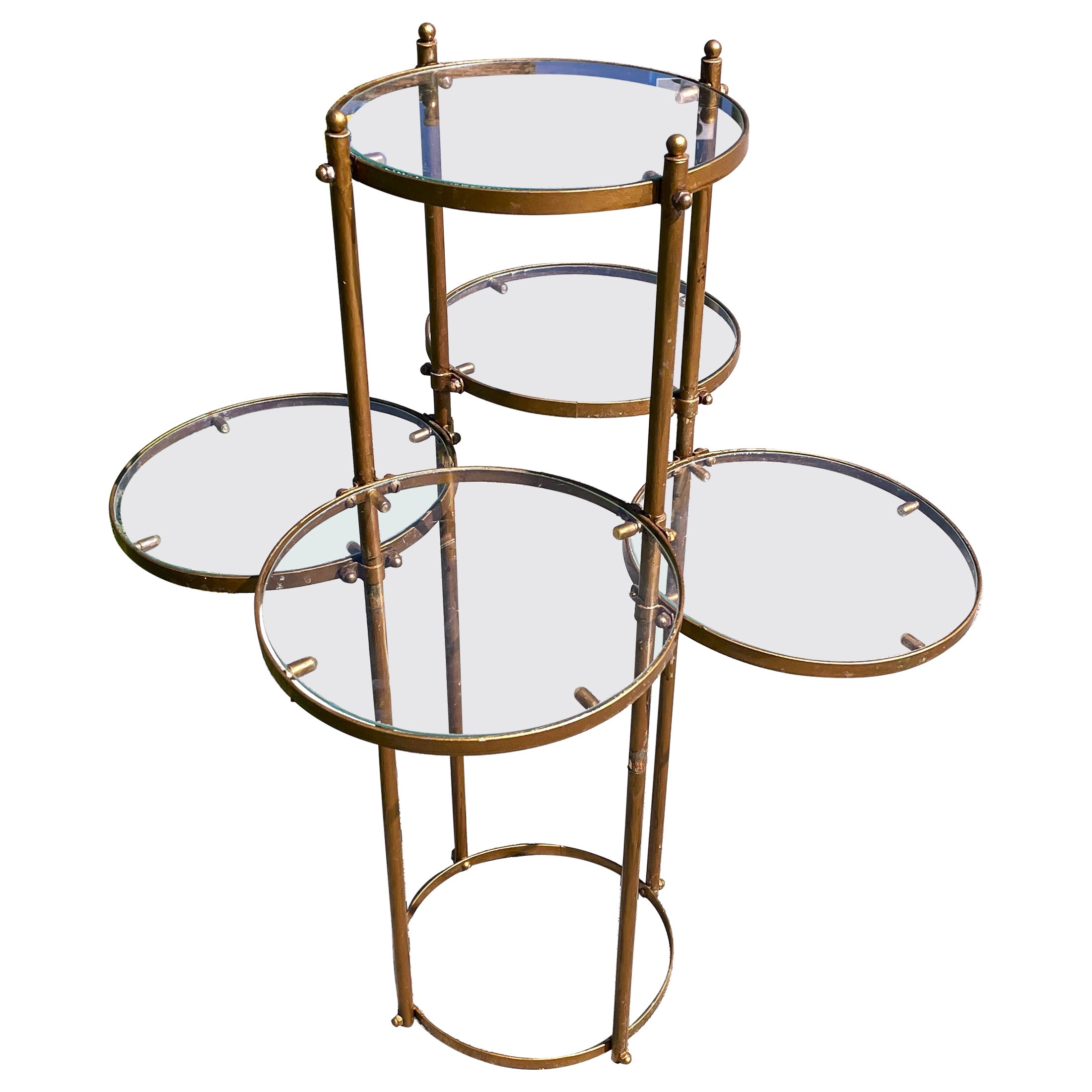 Mid Century Hollywood Regency Gold Metal Display Stand Round Glass Tier Shelves For Sale