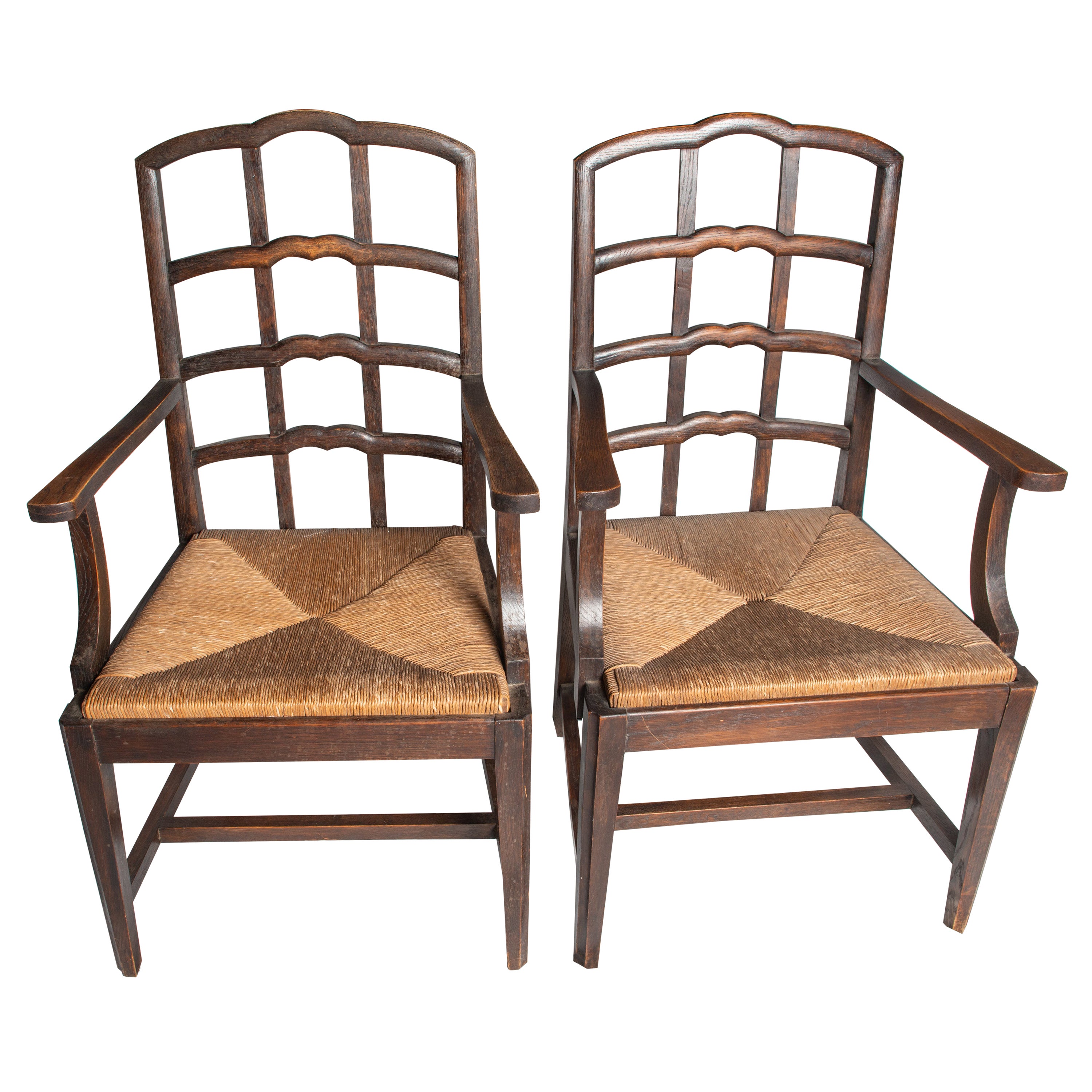 Pair Dutch Rush Seat Wood Arm Chairs For Sale