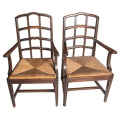 Pair Dutch Rush Seat Wood Arm Chairs
