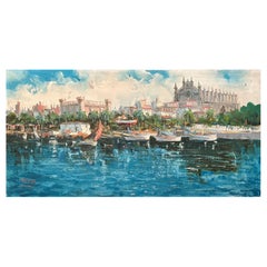 Peinture à l'huile d'une scène fluviale d'une ville européenne
