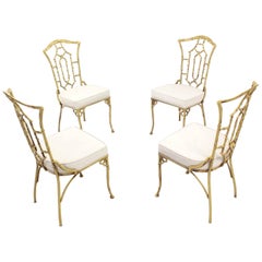 Set of Four Cast Aluminum Faux Bamboo Chairs with New Upholstery