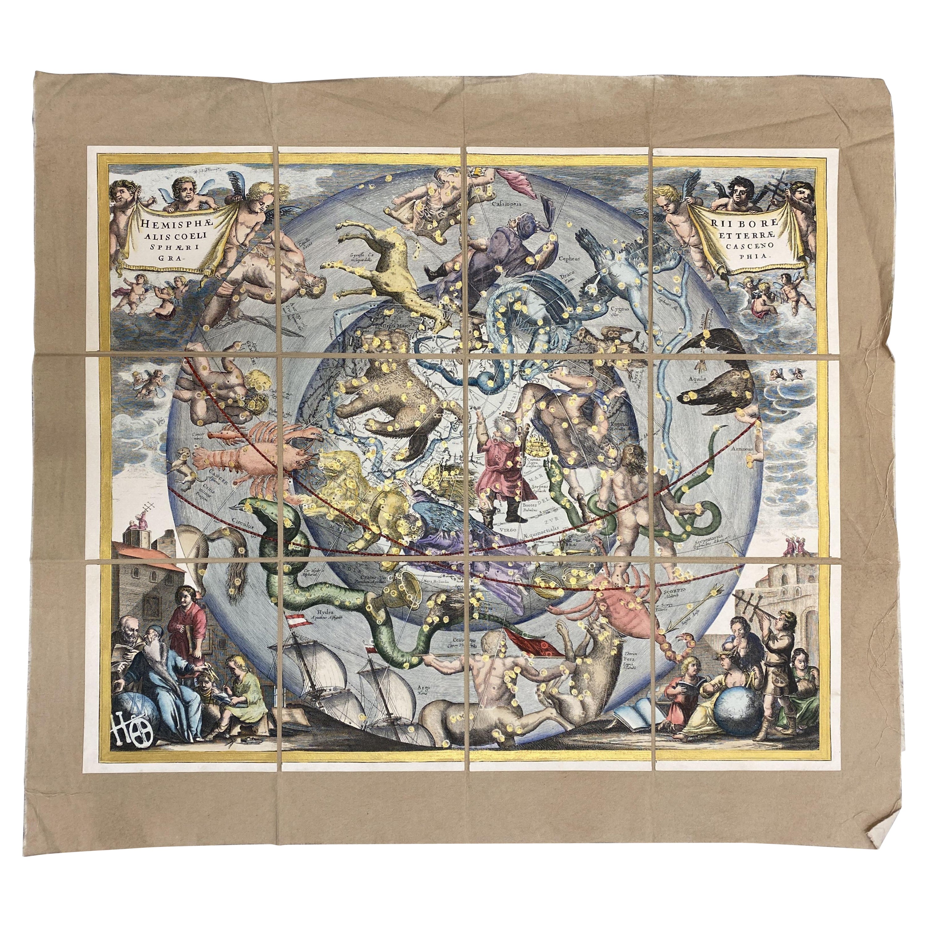 Italian Contemporary Handcolored Old Map Printed Rough Canvas "Astral Hemisper"