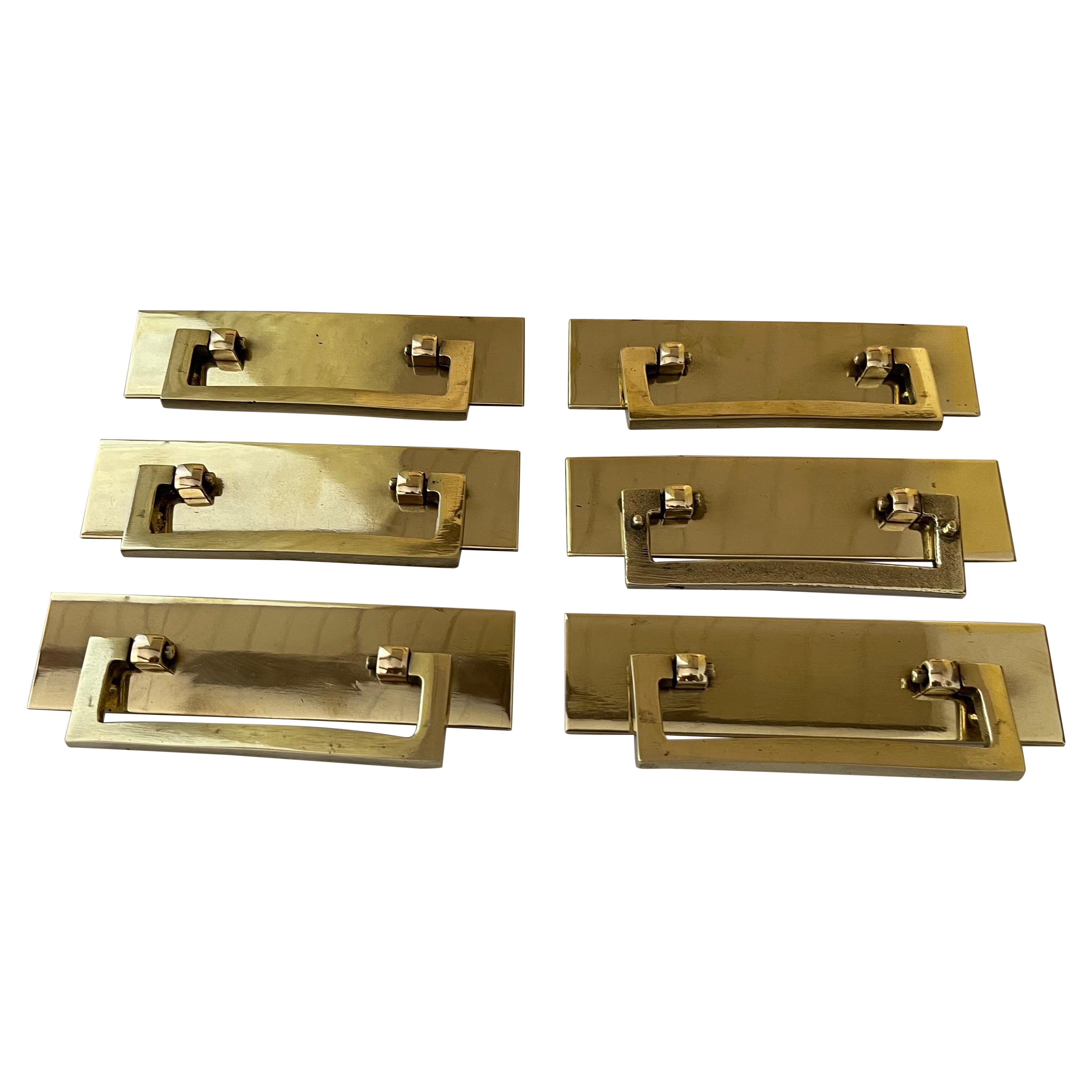 1970s Polished Solid Brass Campaign Drawer Pulls For Sale