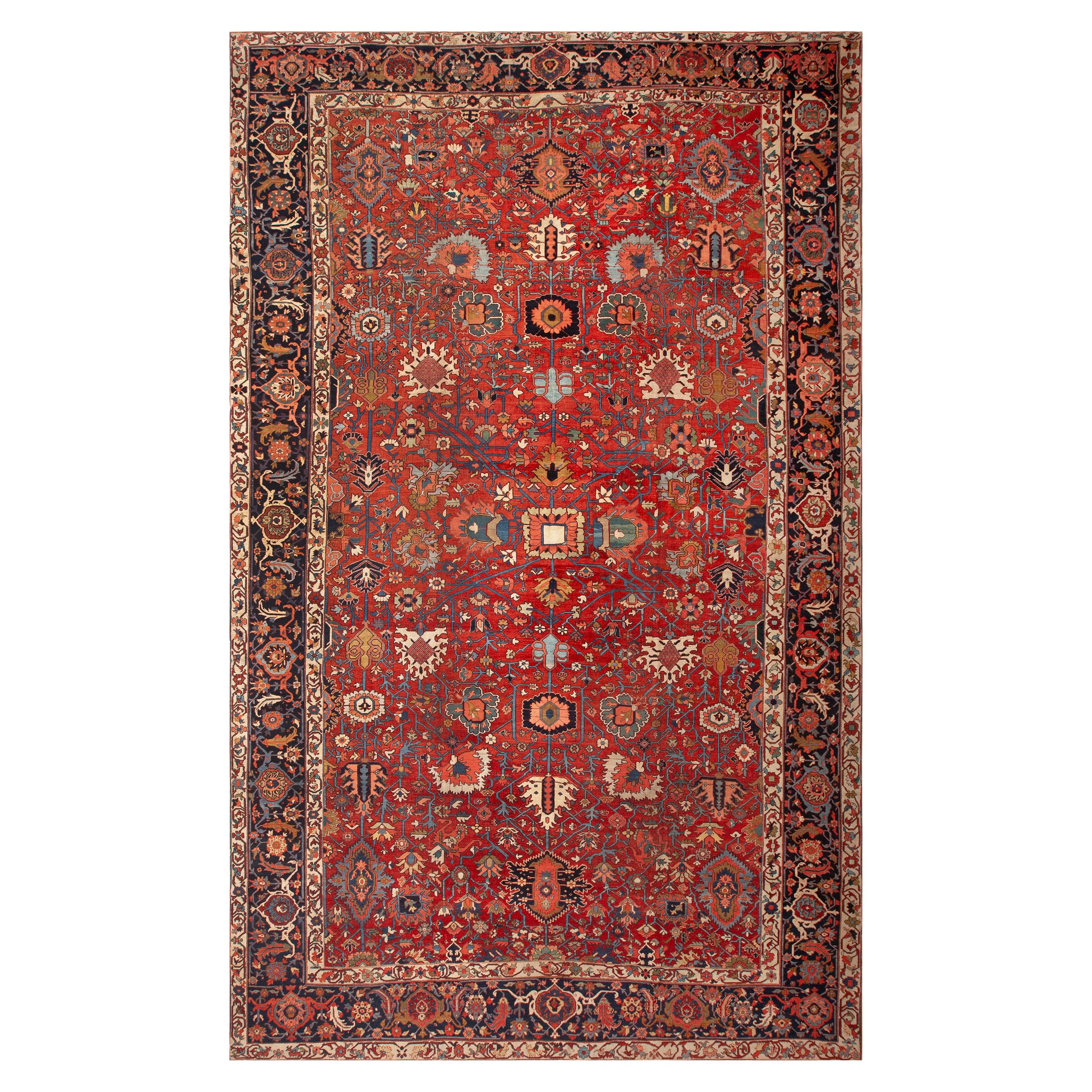 Red And Blue Allover Geometric Oversized Antique Persian Heriz 13'5" x 21'5" For Sale