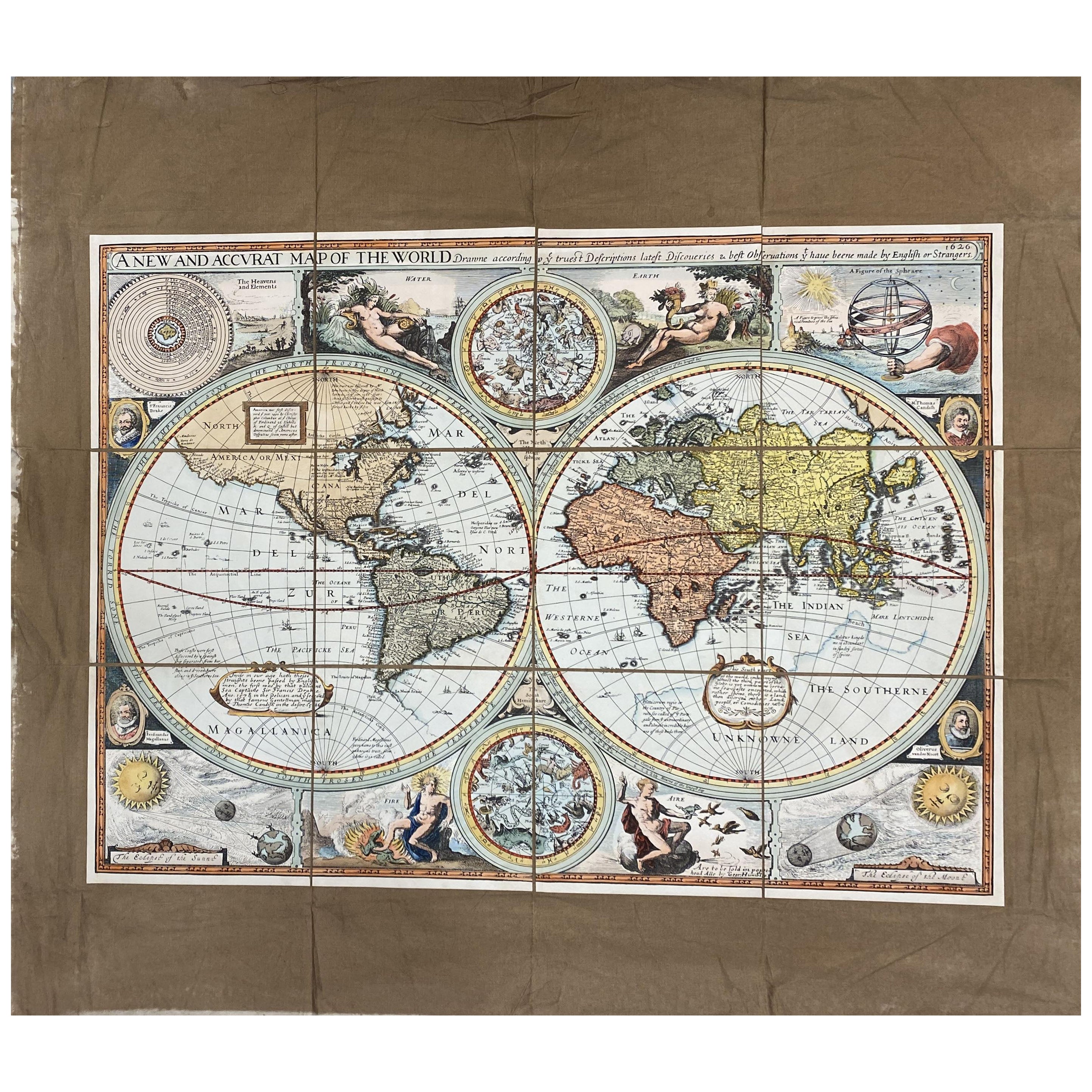 Italian Contemporary Handcolored Old Map Printed Rough Canvas "Planisphere" For Sale