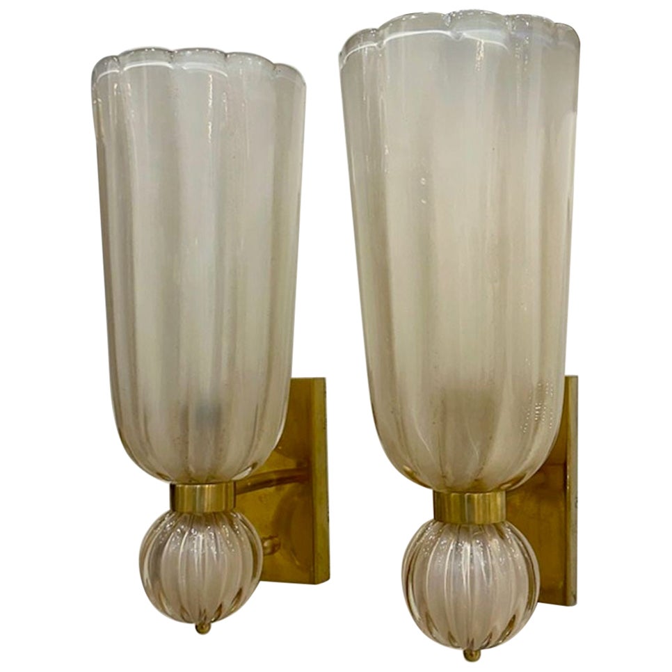 Pair of "Smoke" Murano glass sconces on a Brass Base For Sale