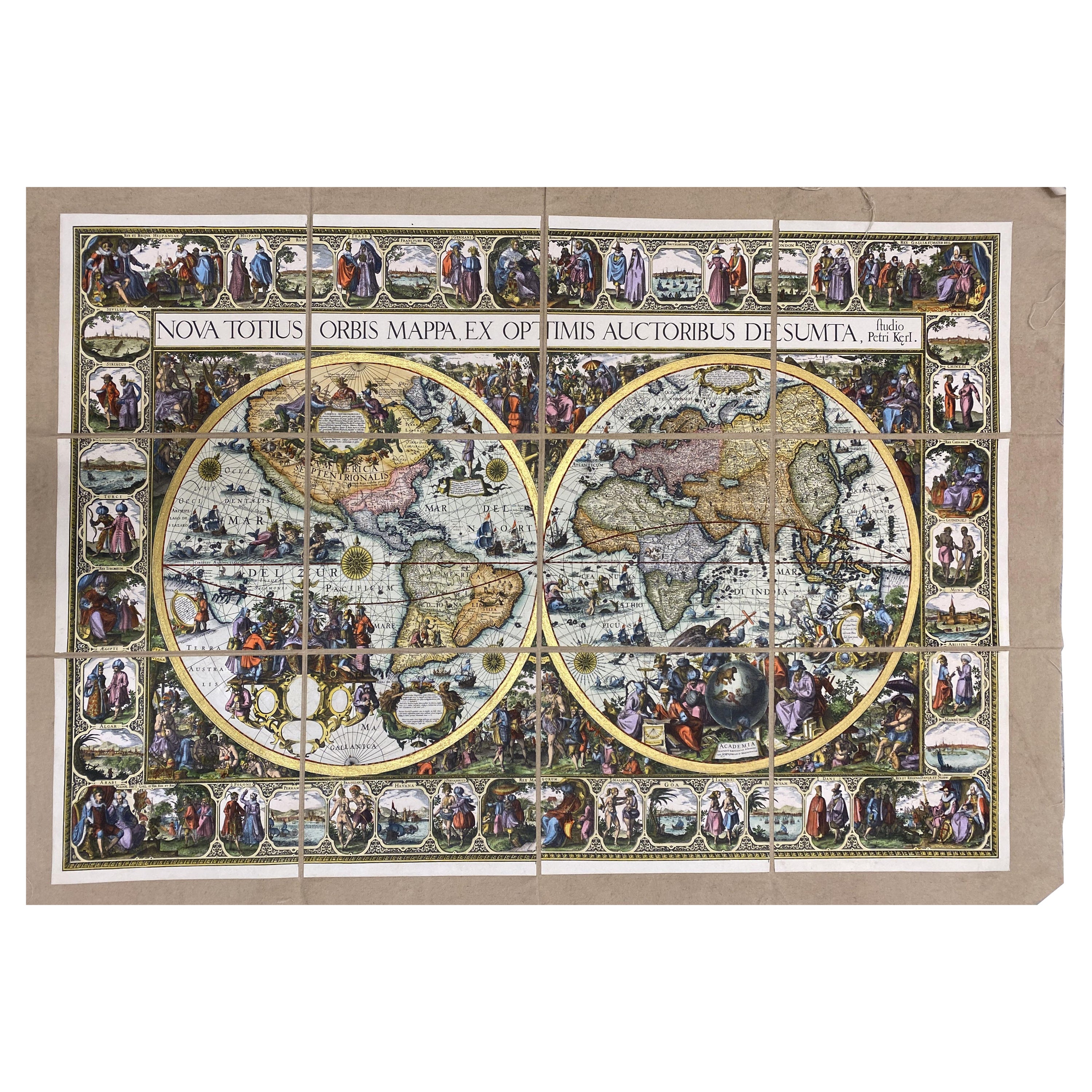 Italian Contemporary Handcolored Old Map Printed on Canvas "Planisphere Ethnics" For Sale