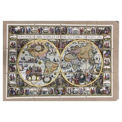 Italian Contemporary Handcolored Old Map Printed on Canvas "Planisphere Ethnics"