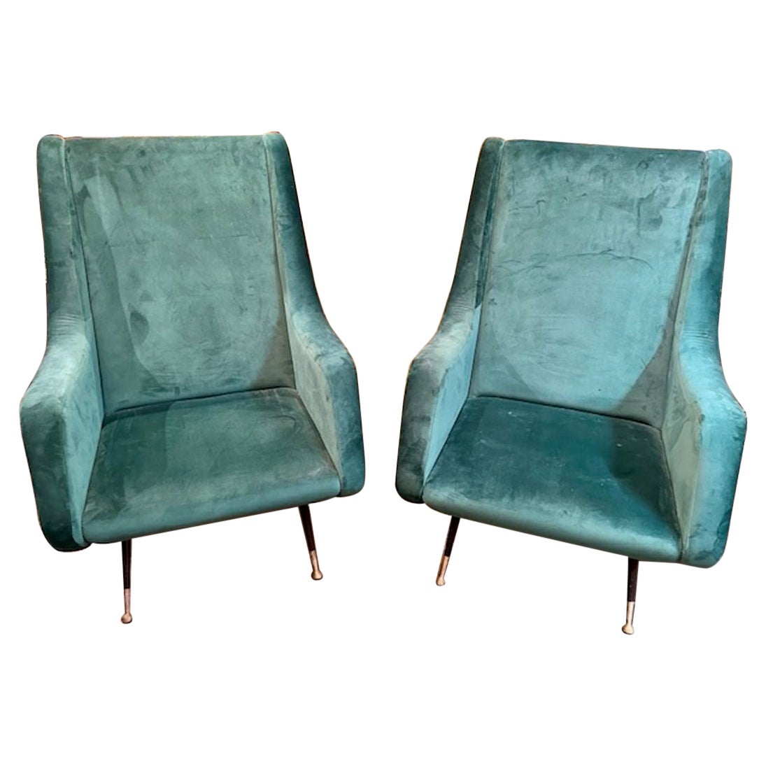 Pair of MCM Green Velvet Armchairs after Marco Zanuso