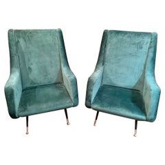 Vintage Pair of MCM Green Velvet Armchairs after Marco Zanuso