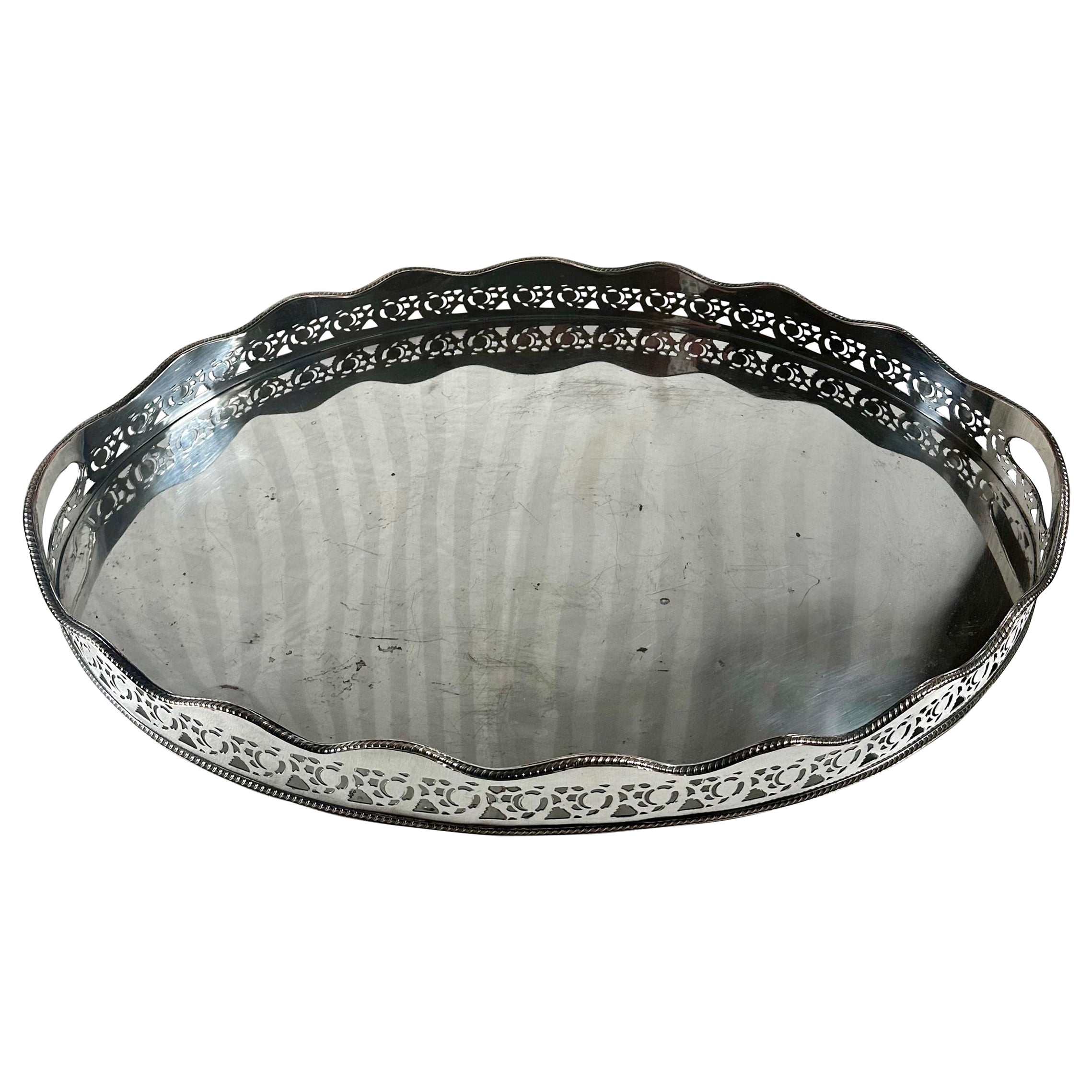Large Oval Edwardian Gallery Butler Tray Hallmarked Silver Plate. For Sale