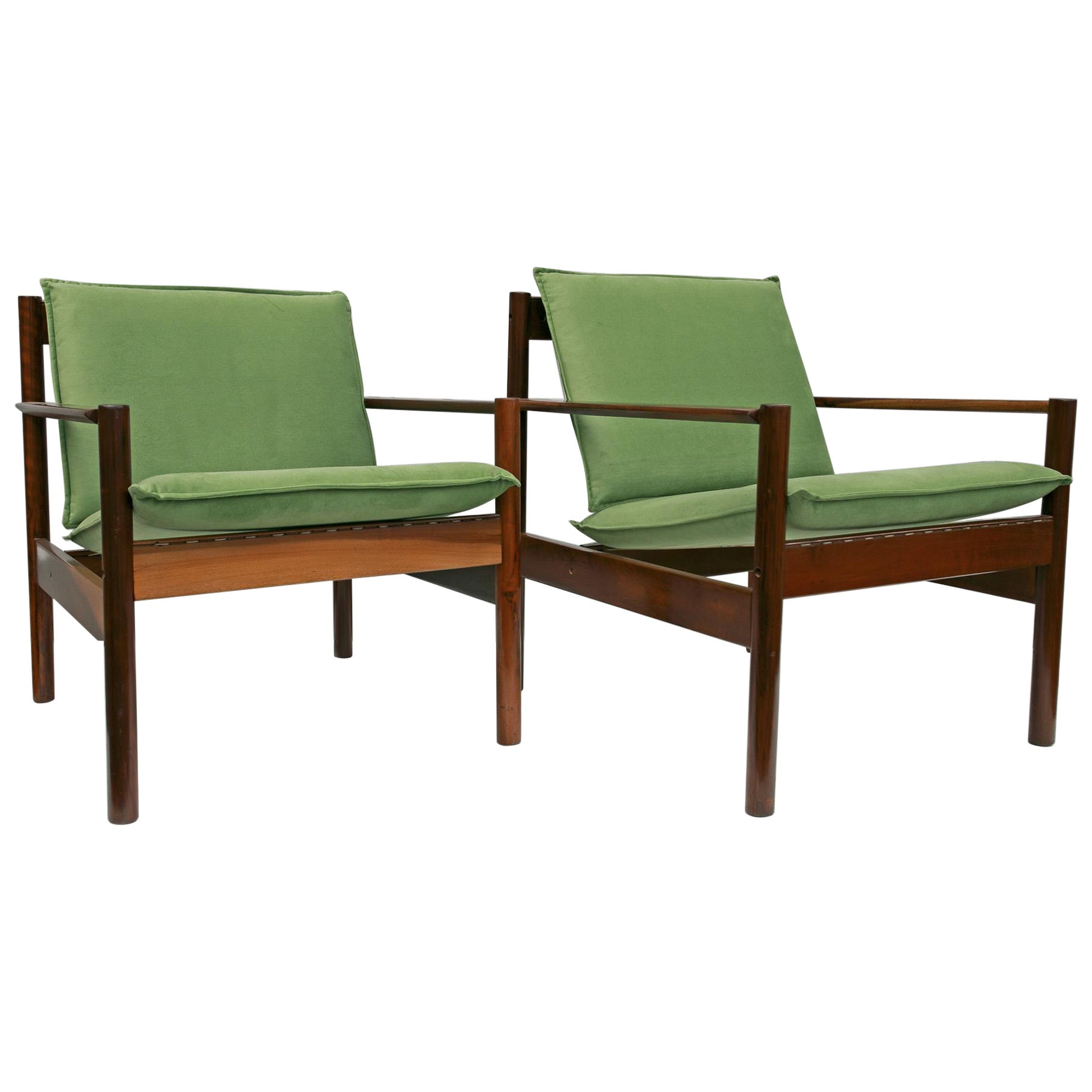 Brazilian Modern Armchairs in Hardwood & Fabric, Michel Arnoult, 1960s For Sale