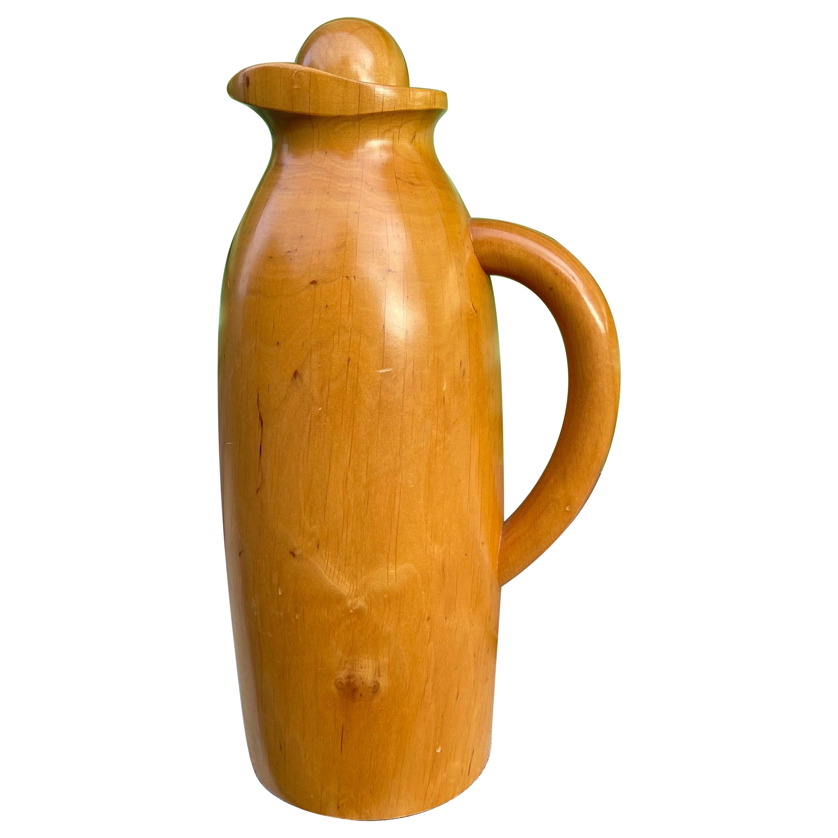 Italian Carved Sycamore Carafe Insulated Thermos Pitcher, Manzoni Pietro, Vietri For Sale
