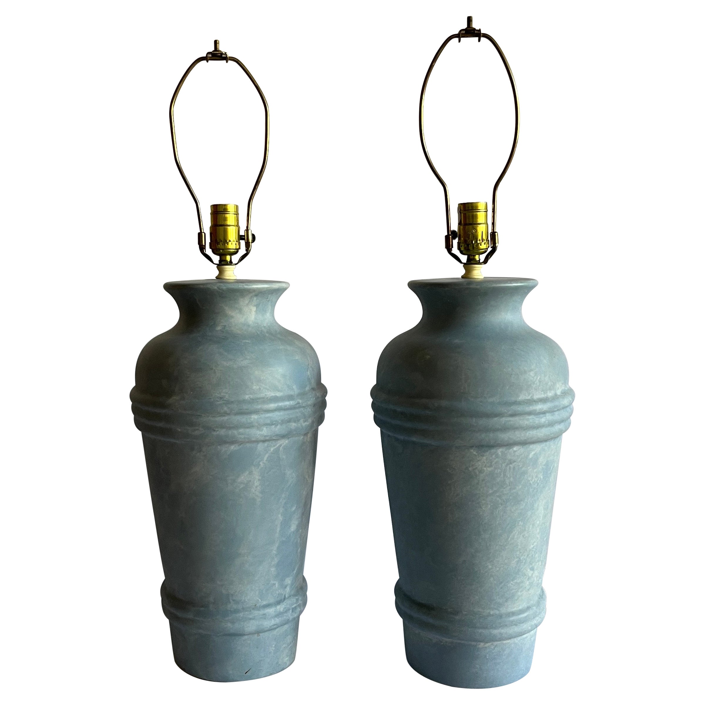 Postmodern Light Blue Ceramic Urn Lamps, Regal China, A Pair