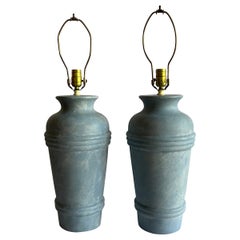 Postmodern Light Blue Ceramic Urn Lamps, Regal China, A Pair