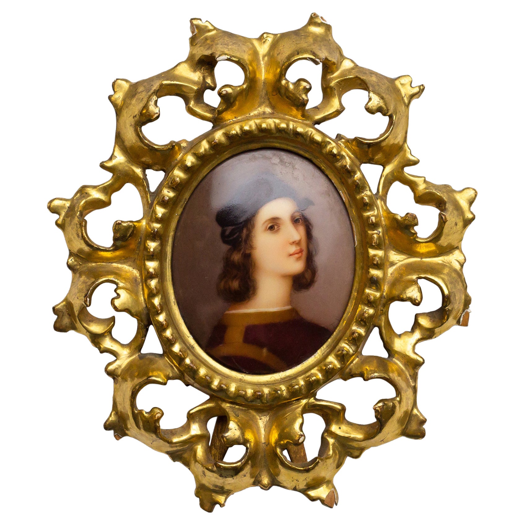 Plaque "Grand Tour" miniature en porcelaine de Raphael dans un cadre sculpté et doré en vente