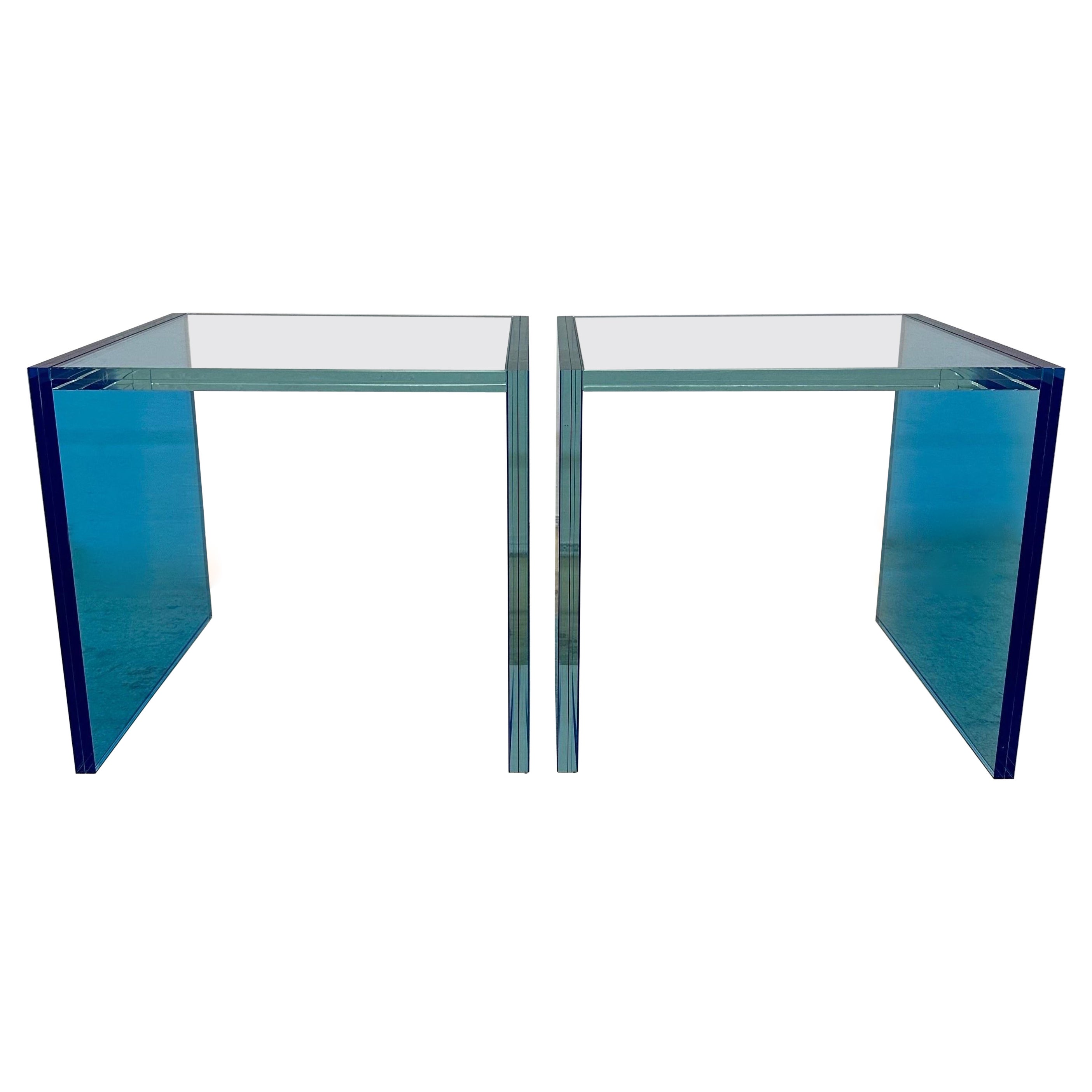 Santambrogio Milano Architectural Blue Glass Side Tables - 2022 - a Pair For Sale