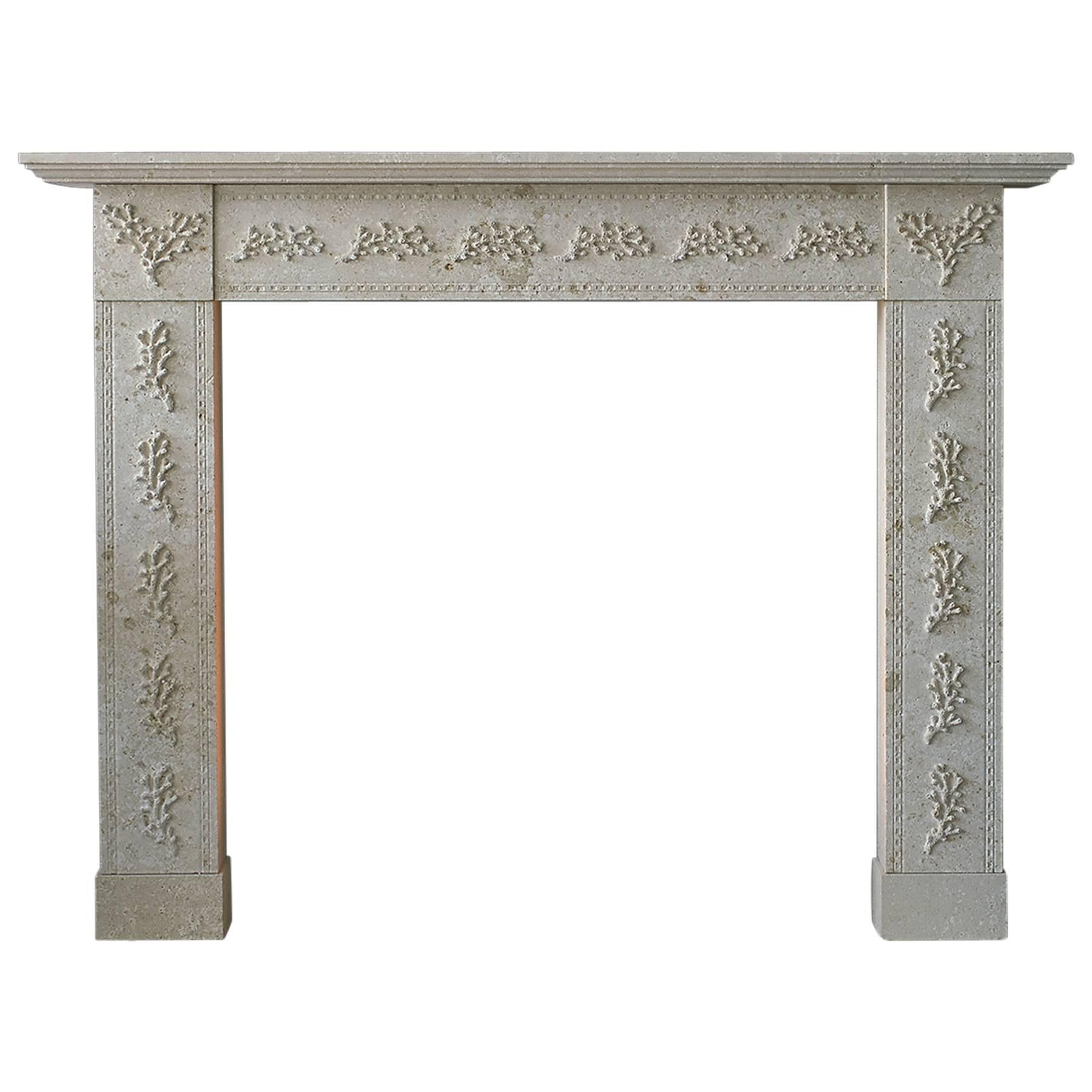 Limestone Mantel with Delicate Relief Carving