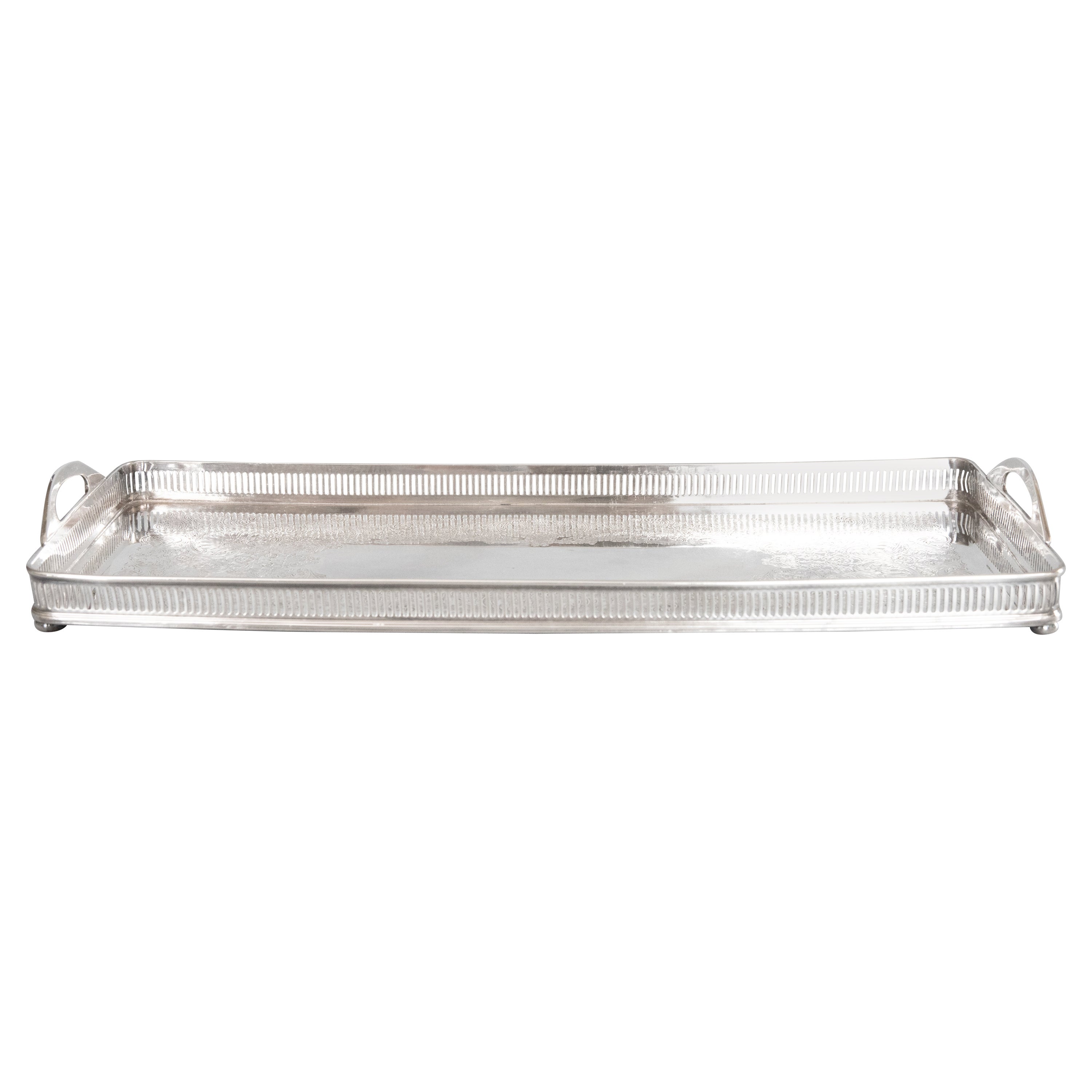 Mid-Century Large Silver Plate Rectangular Footed Gallery Tray, circa 1960