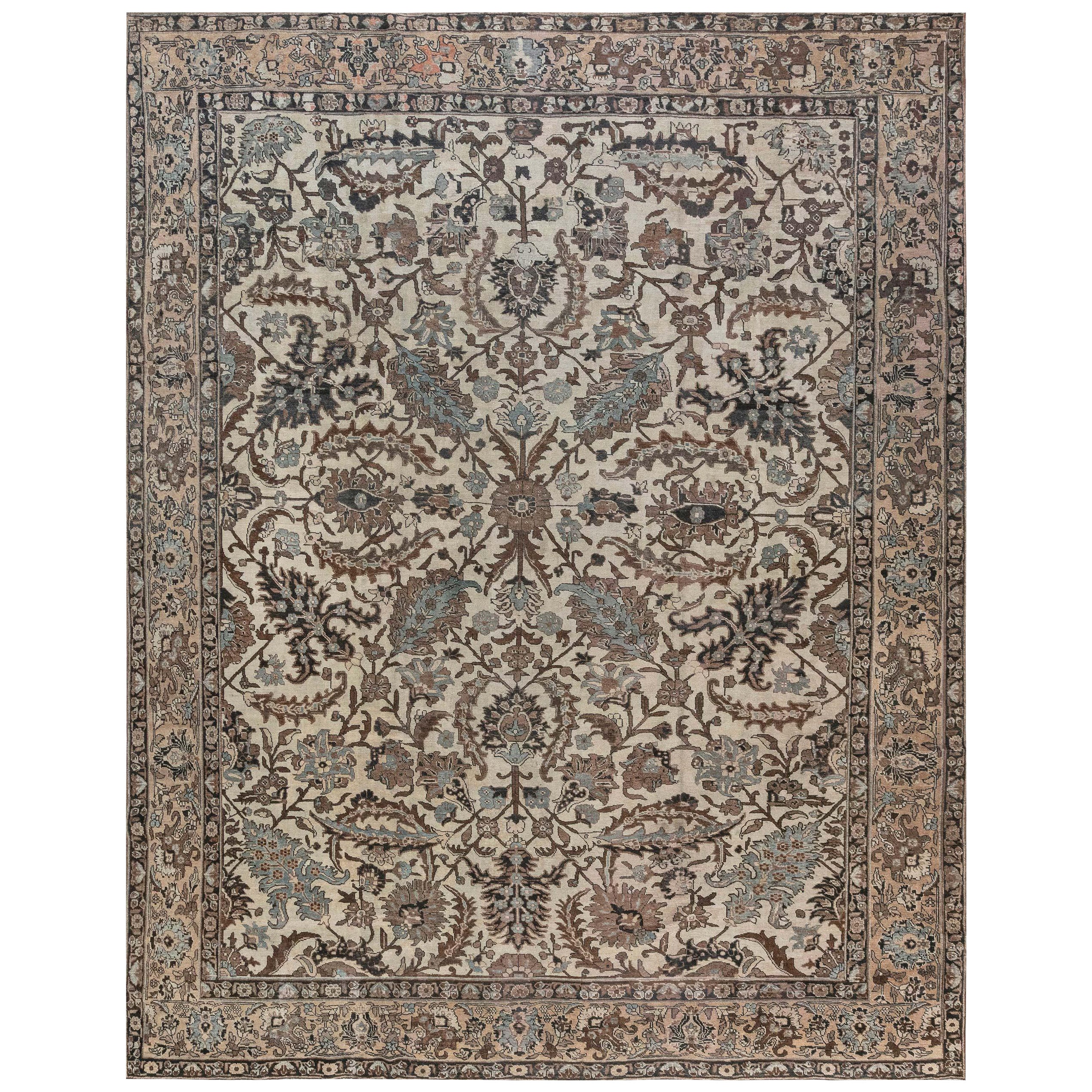 1900s Tabriz Ivory, Blue, Brown Handmade Wool Rug