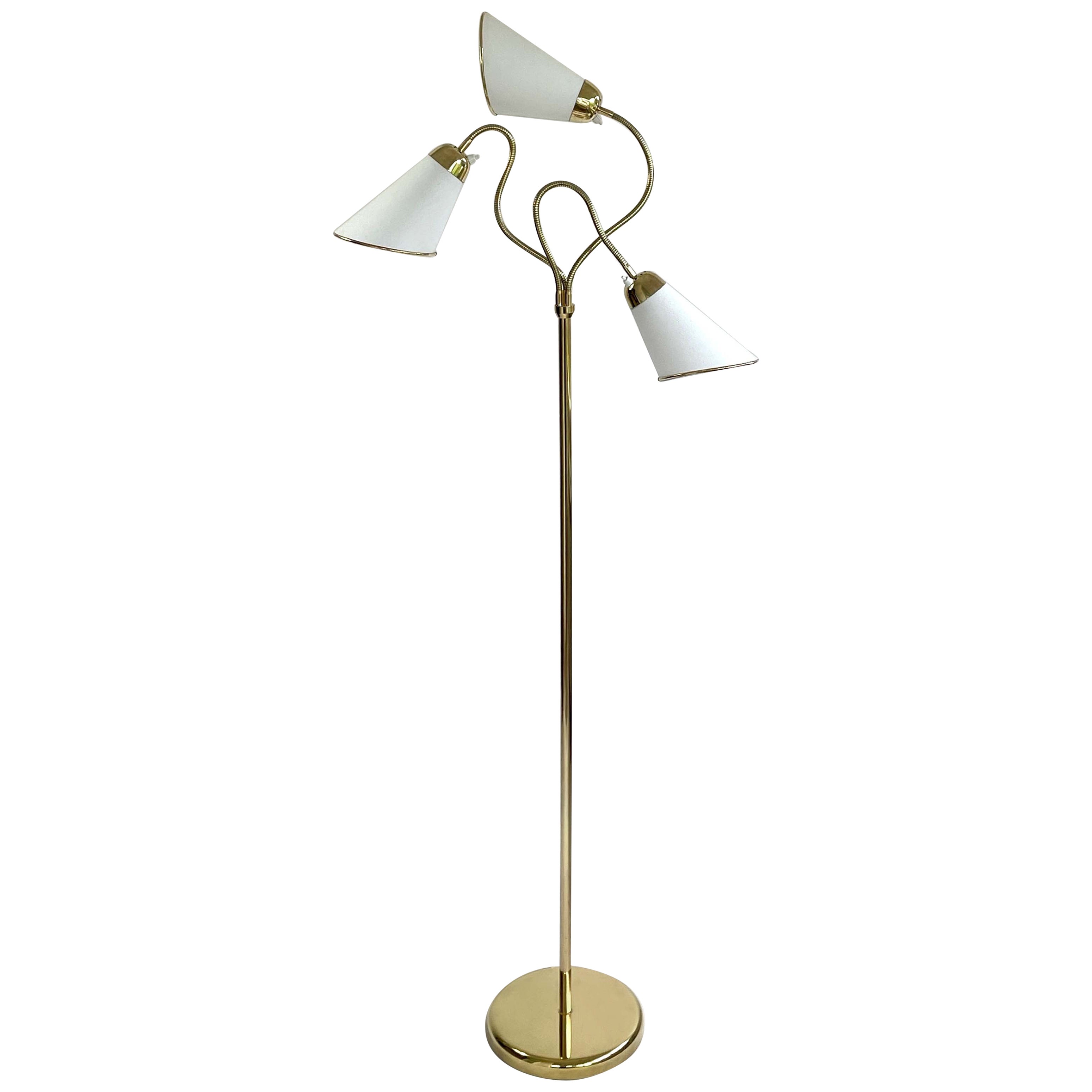 Triple Gooseneck Brass & Off White Fabric Floor Lamp, Sweden 1950s