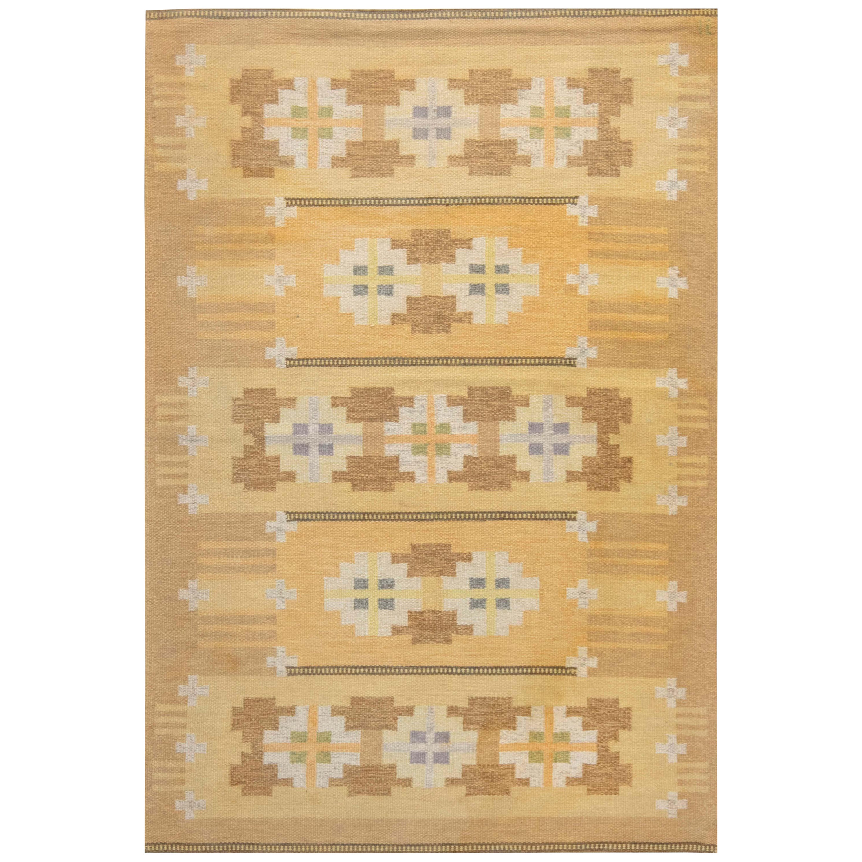 Midcentury Swedish Yellow Flat-Weave Wool Rug by Ingegerd Silow For Sale