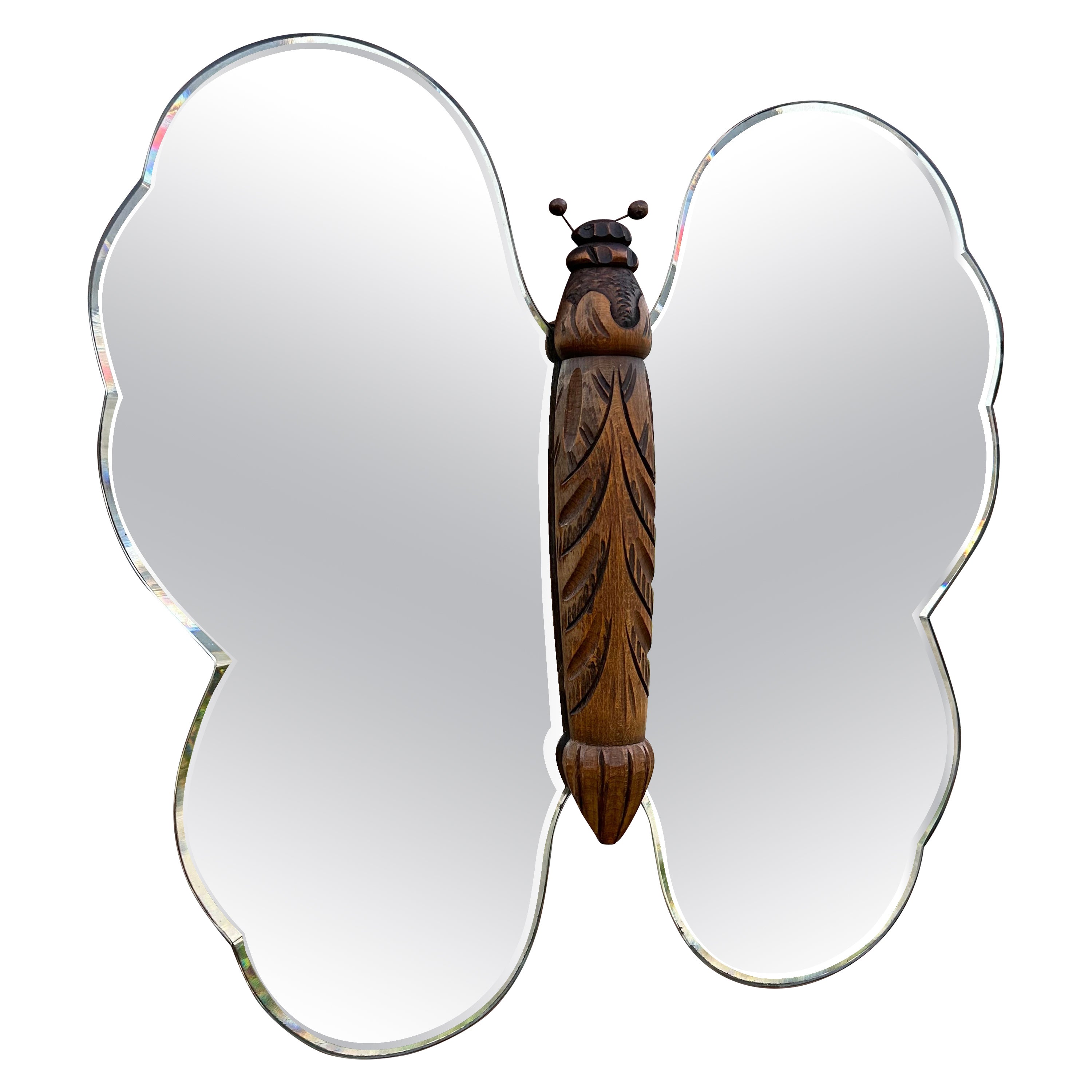 Rare Midcentury Made, Butterfly Design Beech Wood and Beveled Glass Wall Mirror
