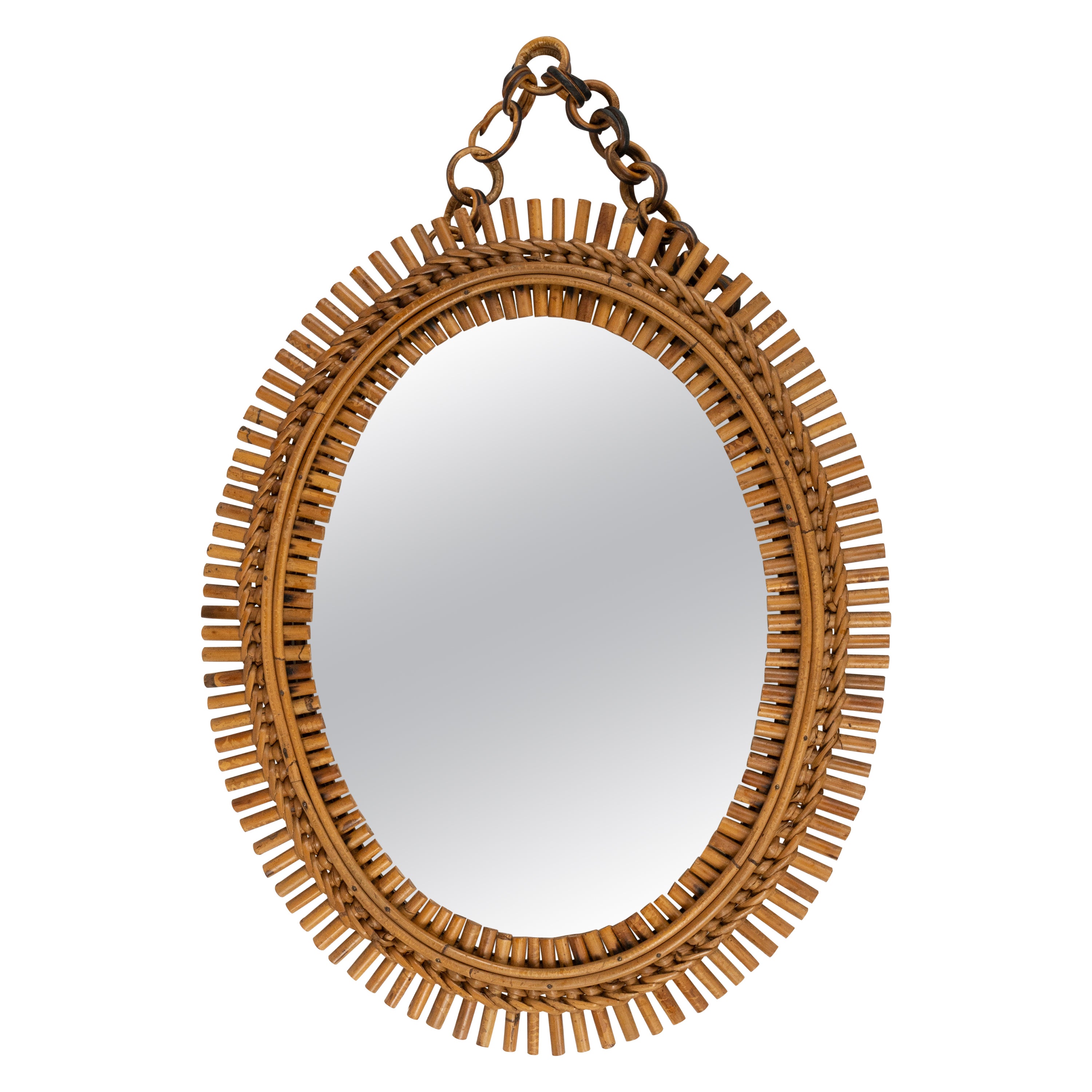 Midcentury Rattan and Bamboo Oval Wall Mirror with Chain, Italy 1960s For Sale