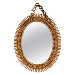 Retro Midcentury Rattan and Bamboo Oval Wall Mirror with Chain, Italy 1960s