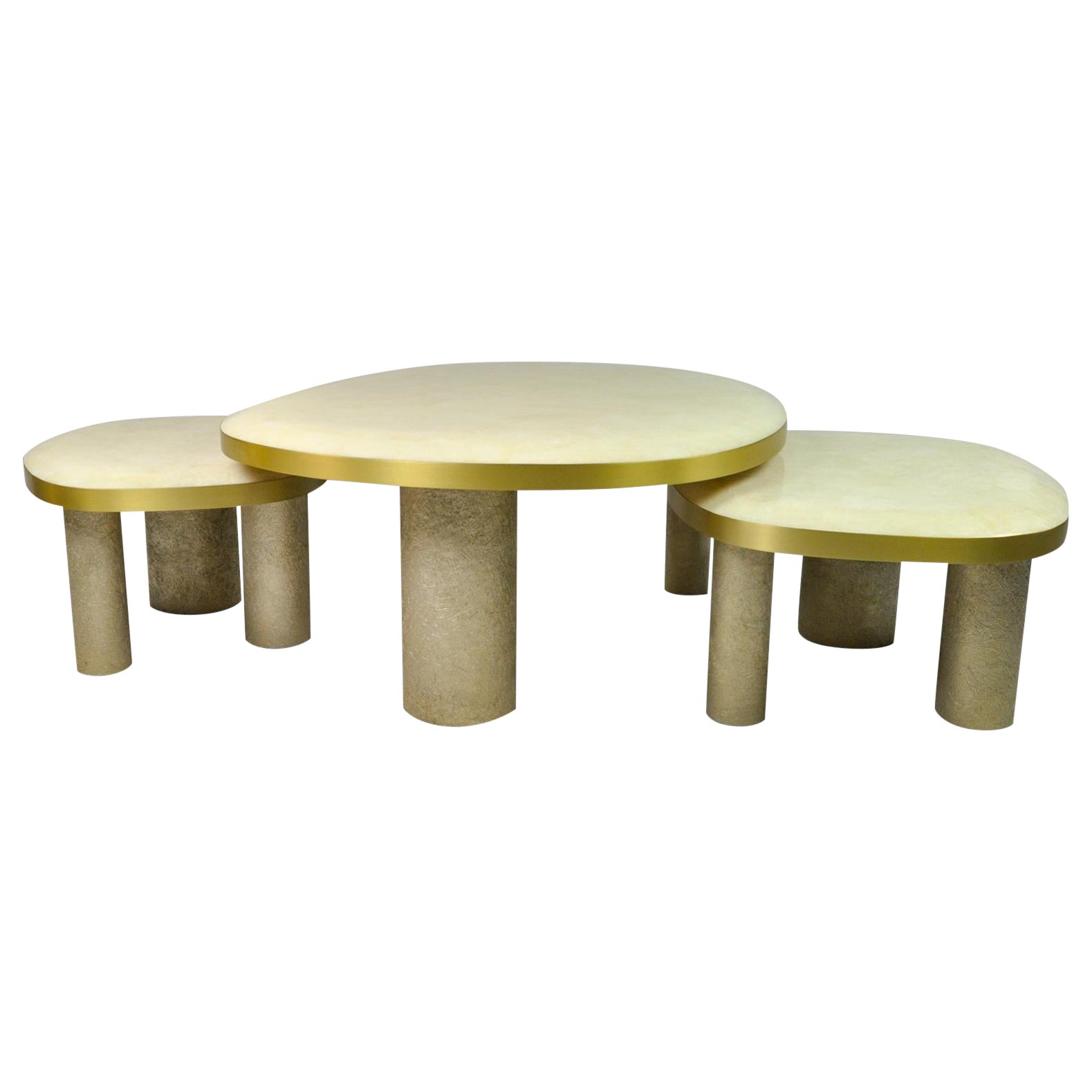 Set of 3 Coffee Tables in Rock Crystal and Brass by Ginger Brown For Sale