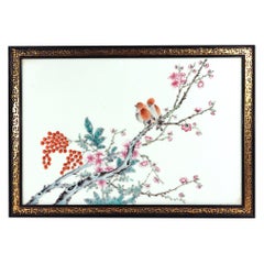 Chinese Porcelain Framed Famille Rose Plaque of Birds with Prunus and Cherry