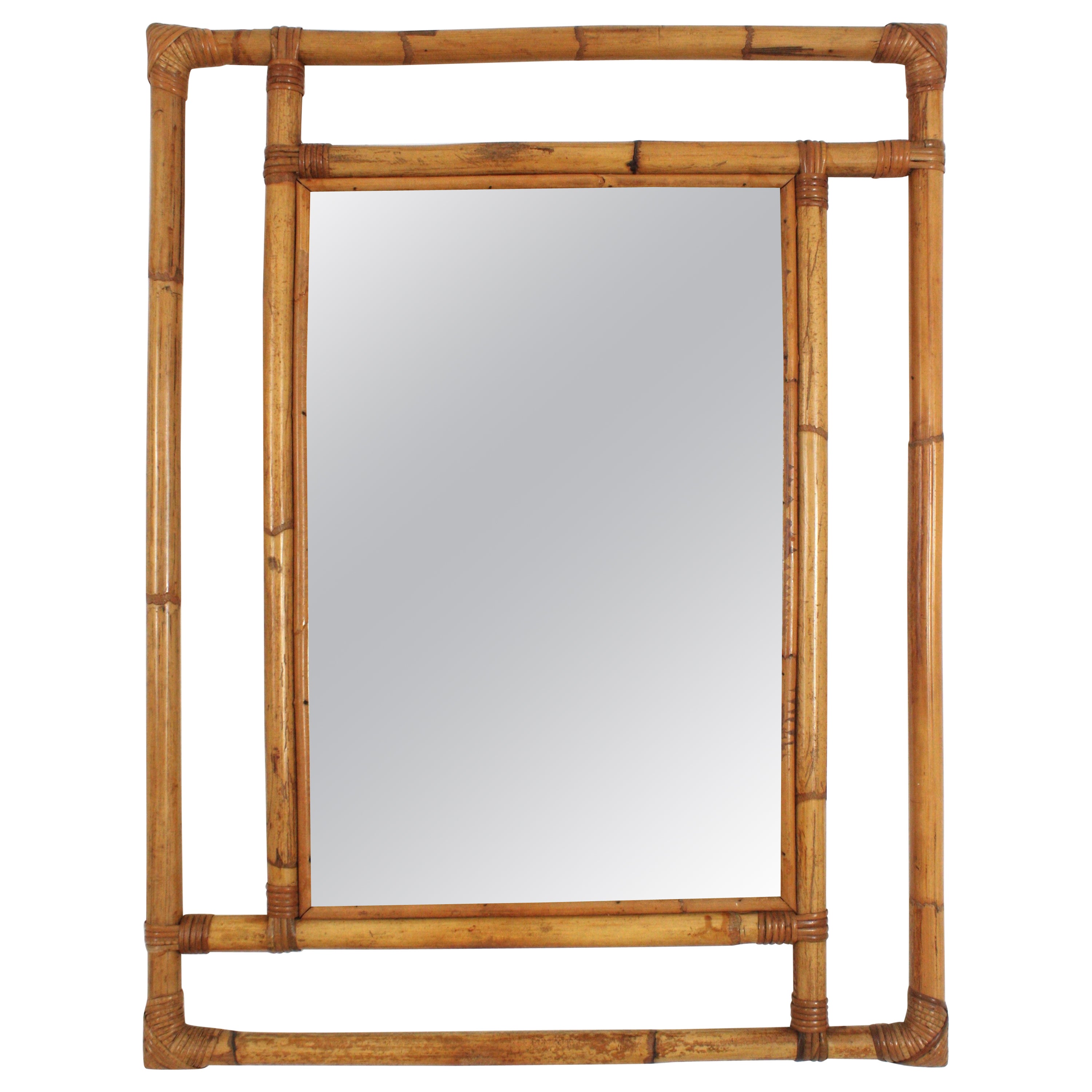 Spanish Large Rattan Rectangular Mirror with Geometric Frame, 1960s For Sale