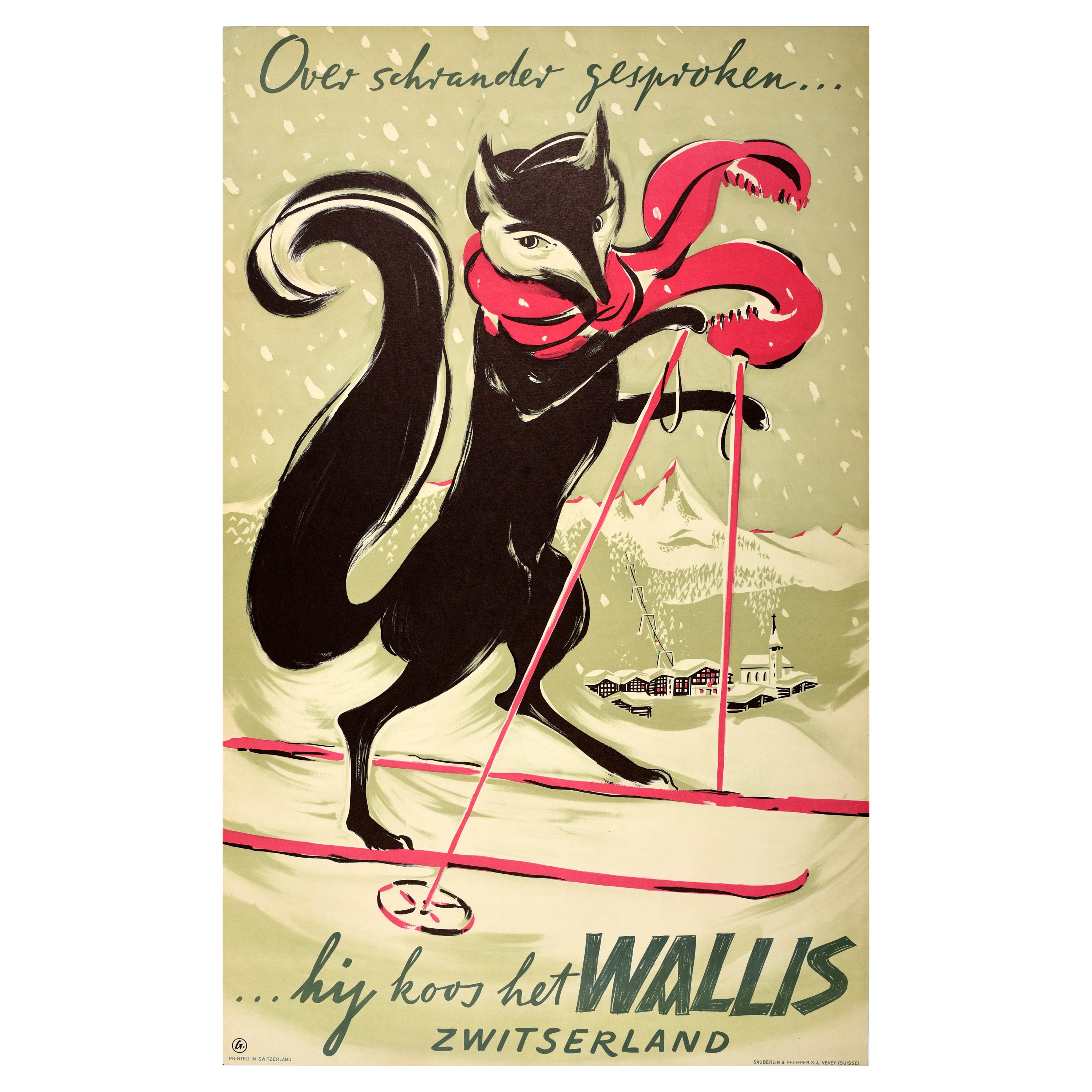 Original Vintage Swiss Ski Travel Poster Wallis Valais Switzerland Fox Be Smart