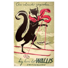 Original Retro Swiss Ski Travel Poster Wallis Valais Switzerland Fox Be Smart