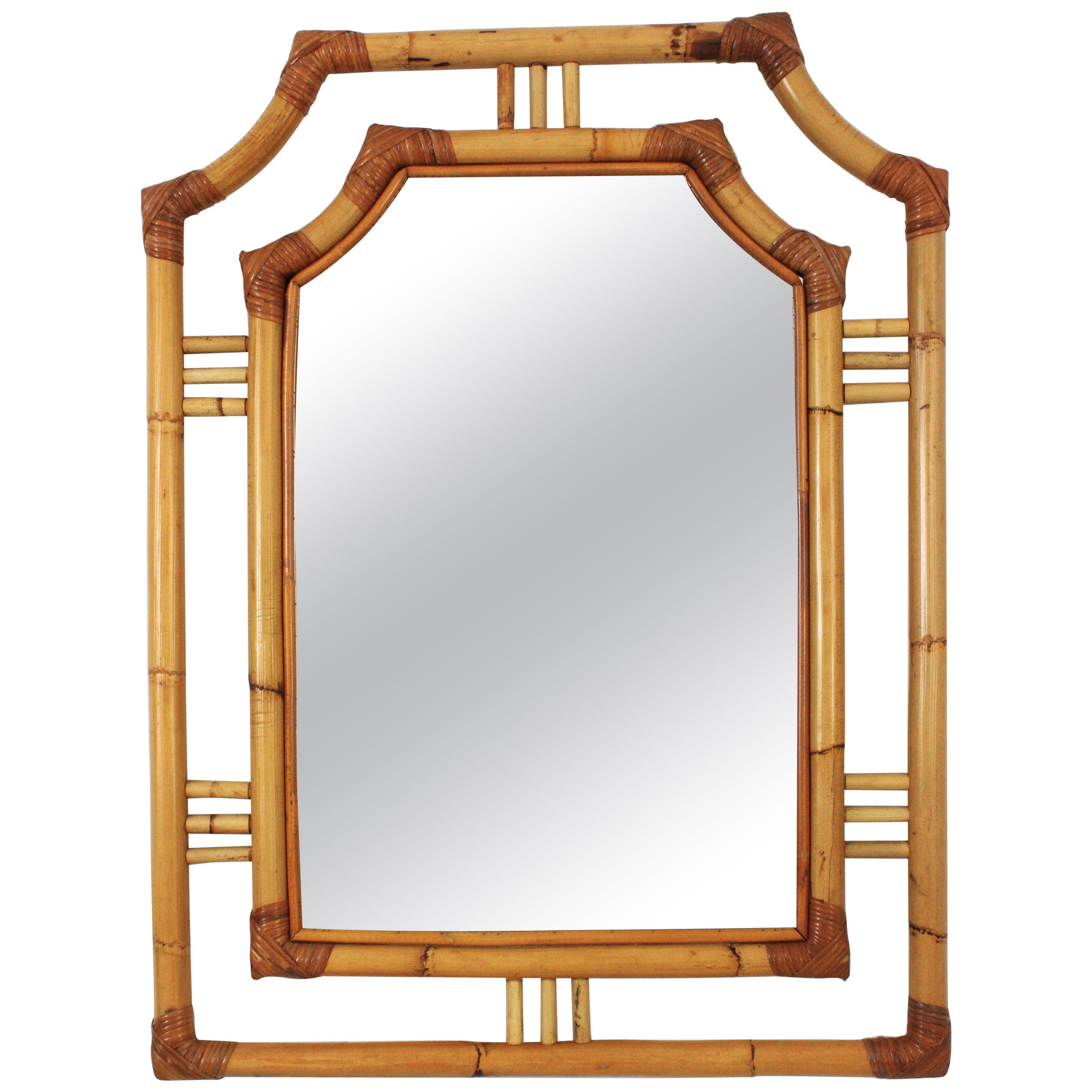 Rattan Bamboo Pagoda Shaped Mirror, Franco Albini Style For Sale