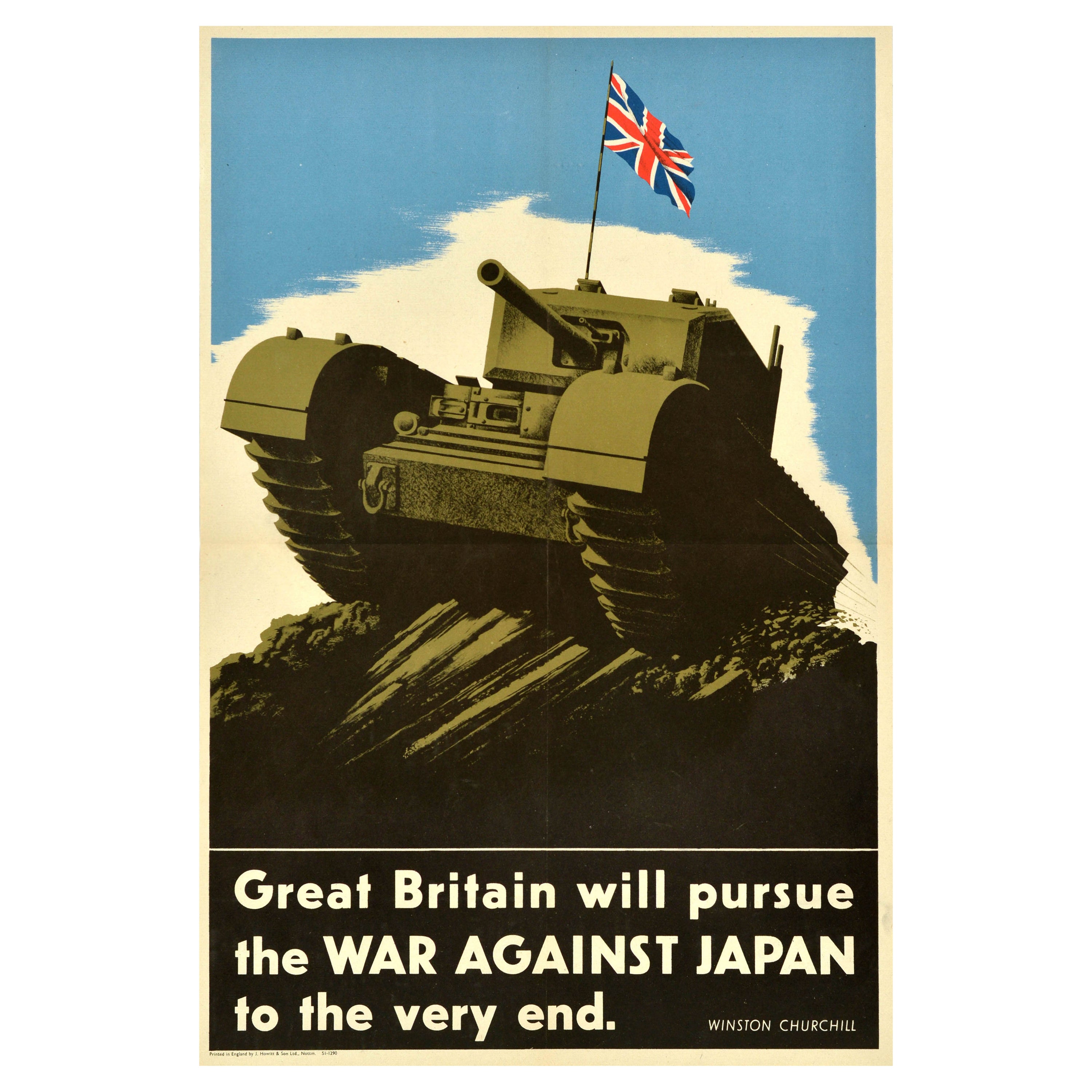 Original Vintage World War Two Poster Great Britain Will Pursue Japan WWII Tank For Sale
