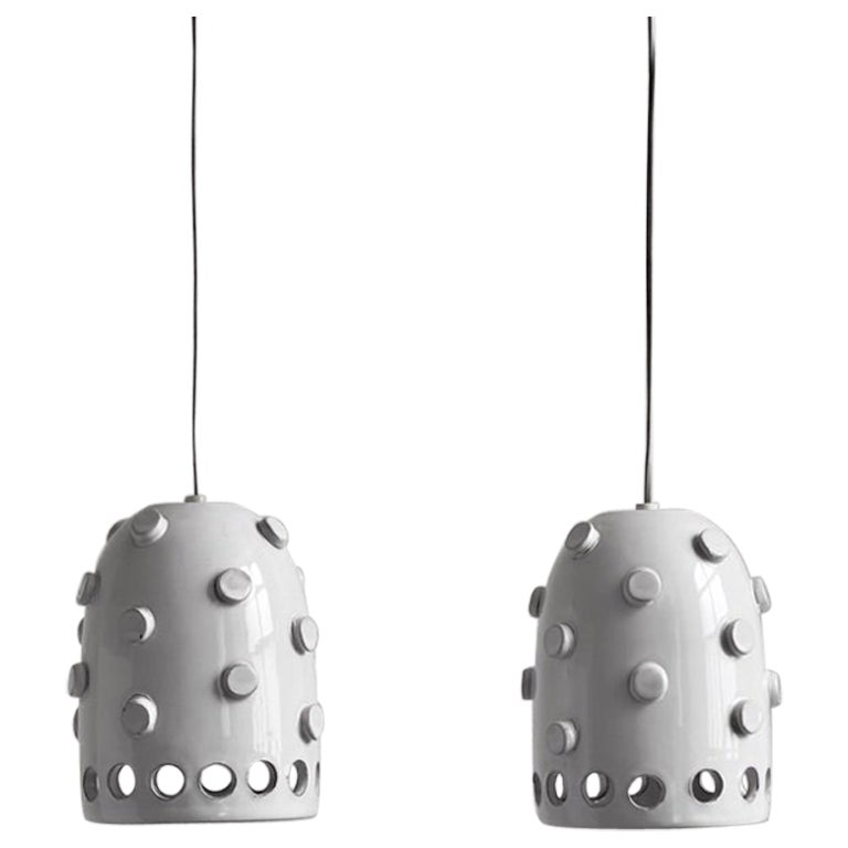 Rare pair, 1970s handmade stoneware pendants in white glaze from Axella Denmark