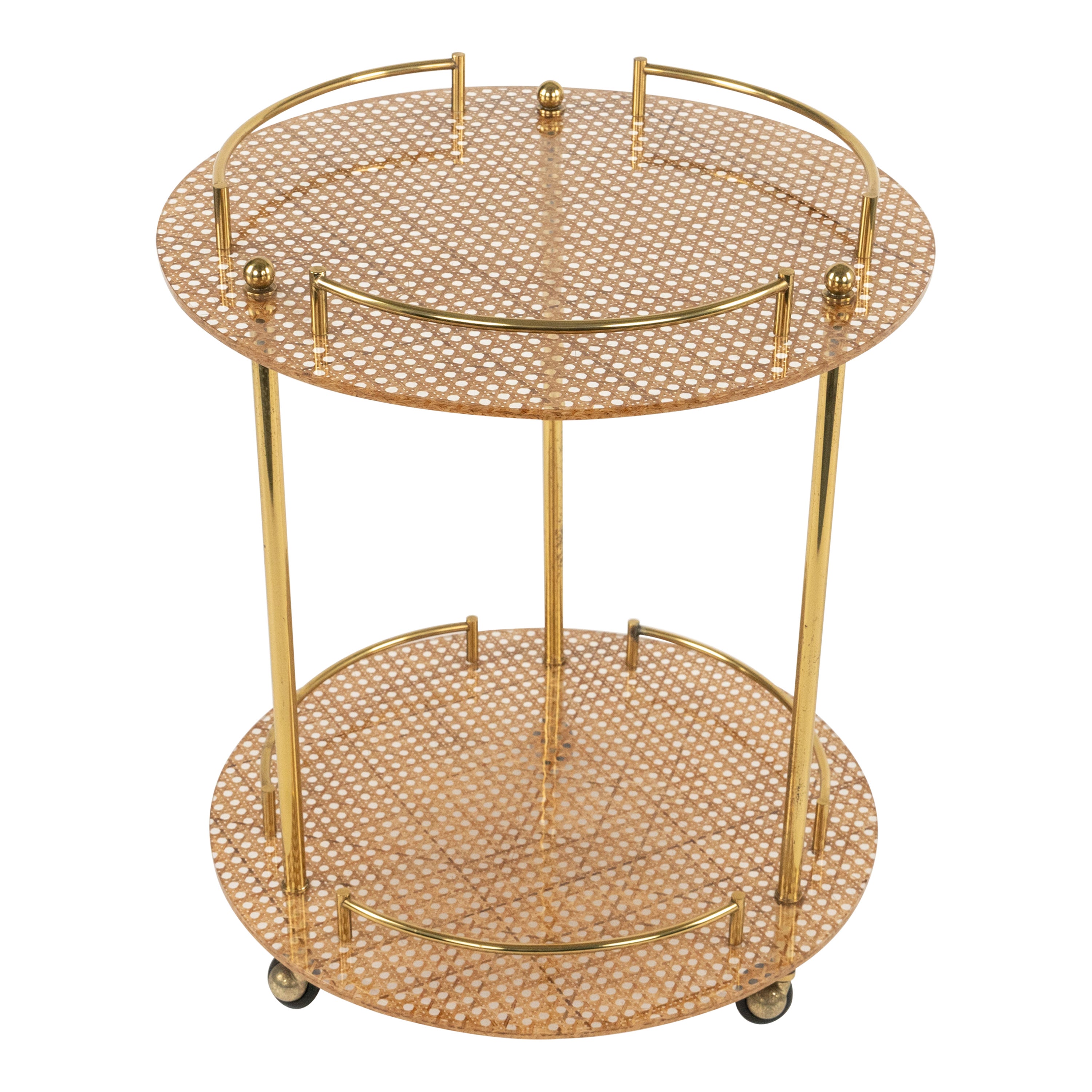 Carrito de bar de Lucite, latón y ratán estilo Christian Dior, Italia Años 70