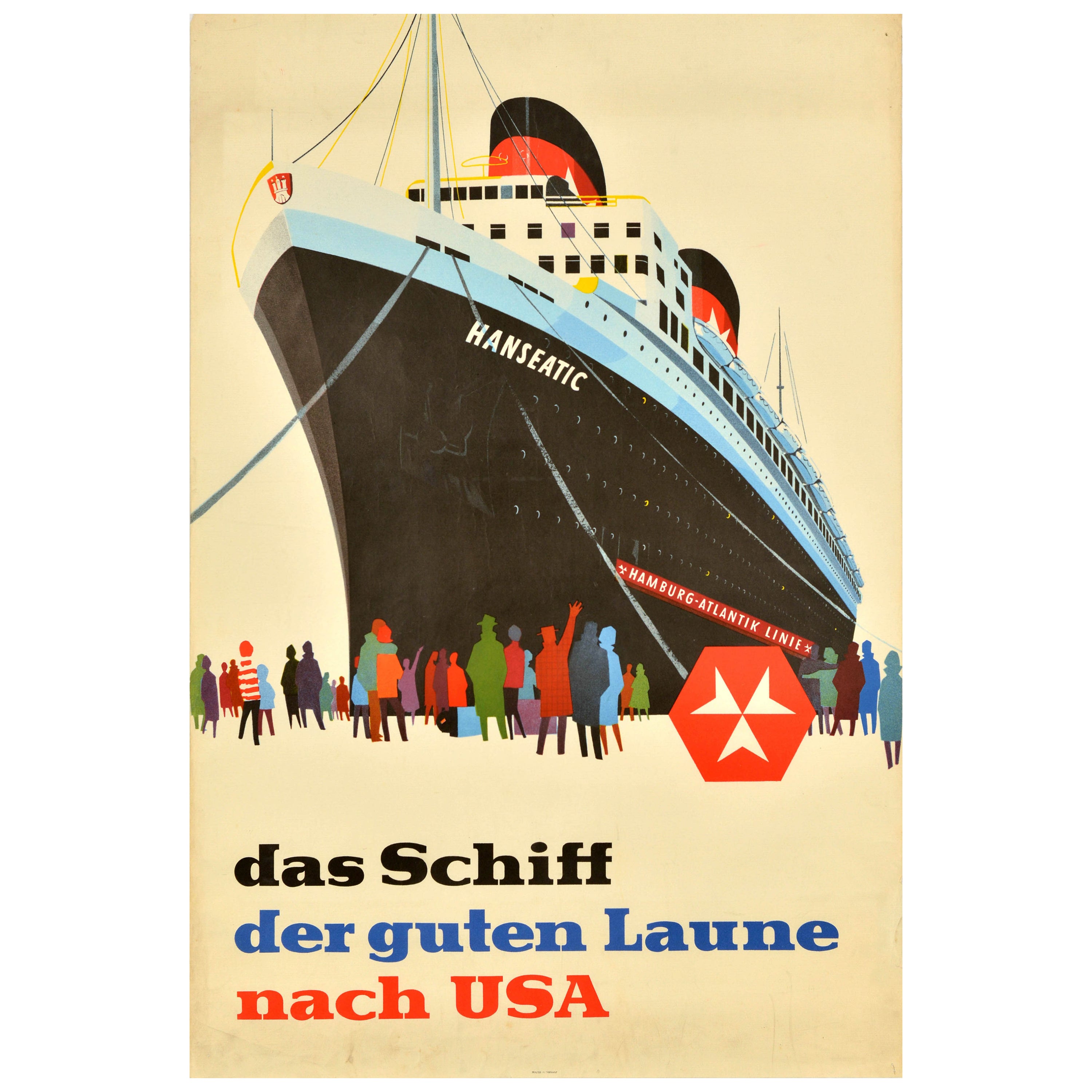 Affiche rétro originale de voyage Hamburg Atlantic Line Hanseatic USA Cruise Ship en vente