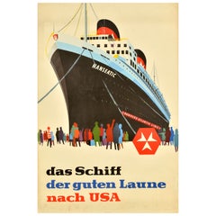 Póster de viaje original de época Hamburg Atlantic Line Hanseatic USA Cruise Ship
