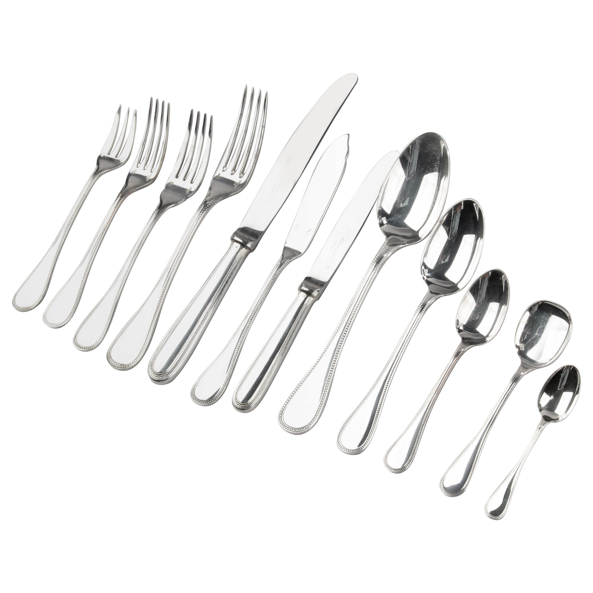 158-Piece Set Silver Plated Tableware - Christofle - Perles - for 12 Persons For Sale