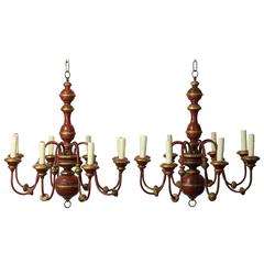 Pair of Carved Wood Painted and Gilt Decorated Chandeliers